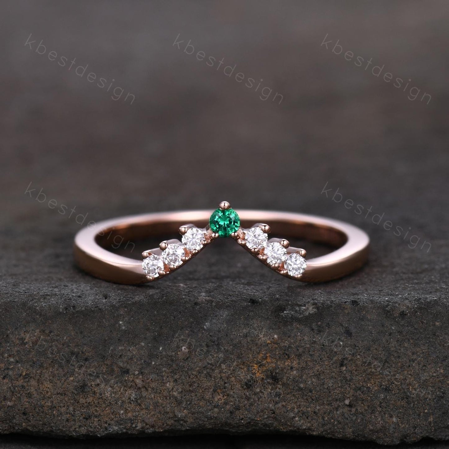 Unique moissanite emerald wedding band dainty rose gold band for women curved stacking matching band bridal anniversary band gift