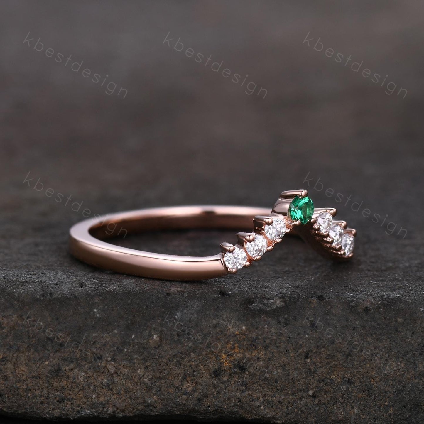 Unique moissanite emerald wedding band dainty rose gold band for women curved stacking matching band bridal anniversary band gift
