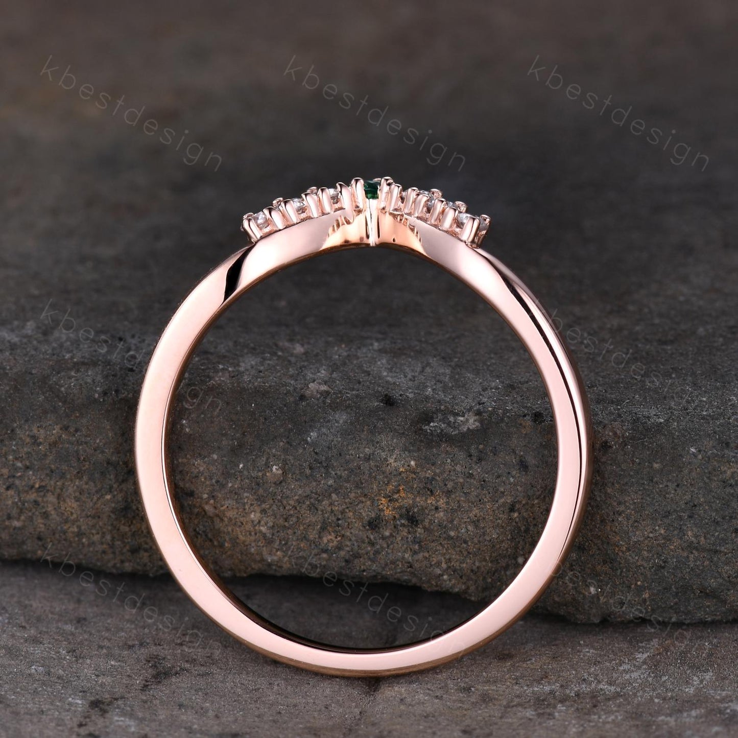 Unique moissanite emerald wedding band dainty rose gold band for women curved stacking matching band bridal anniversary band gift