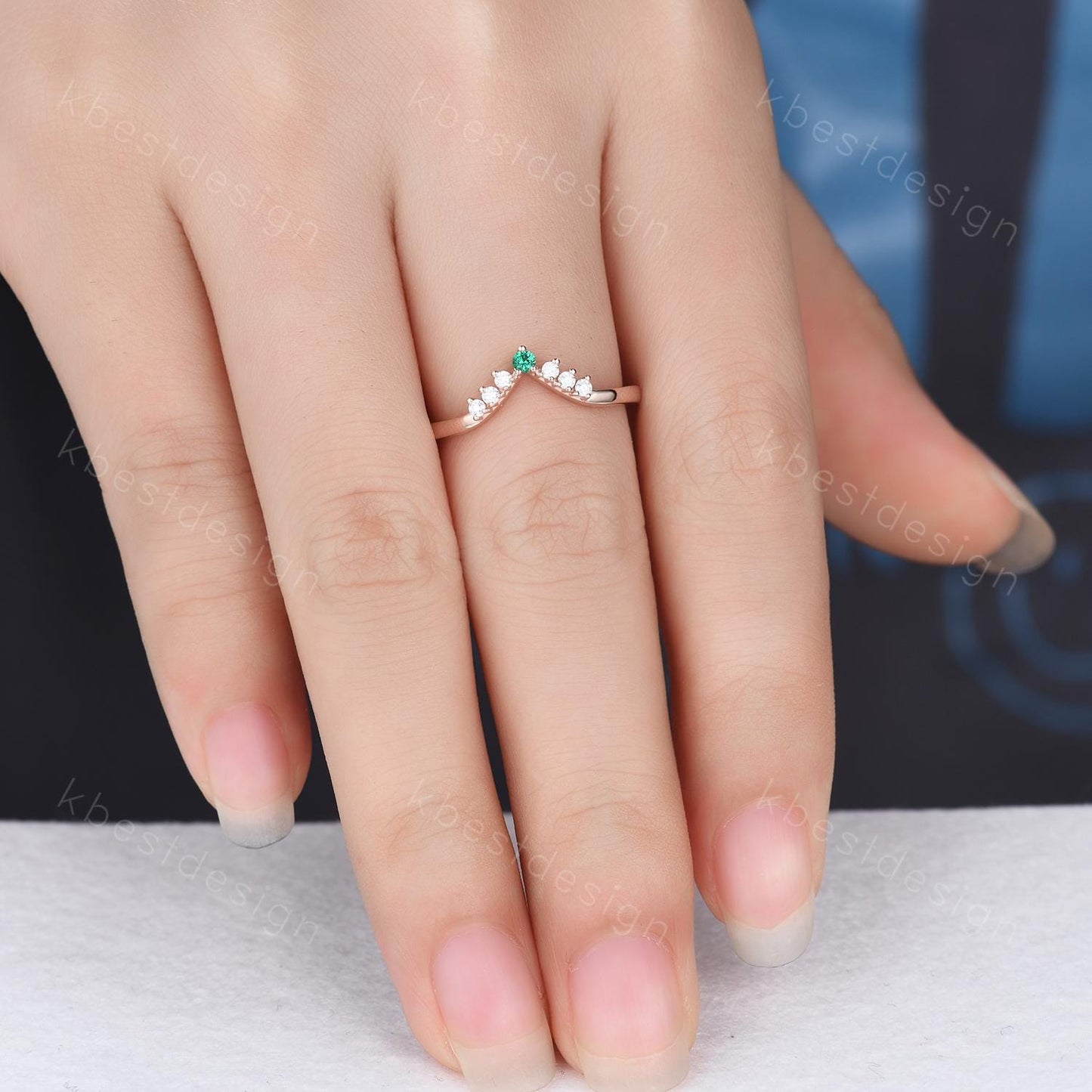 Unique moissanite emerald wedding band dainty rose gold band for women curved stacking matching band bridal anniversary band gift