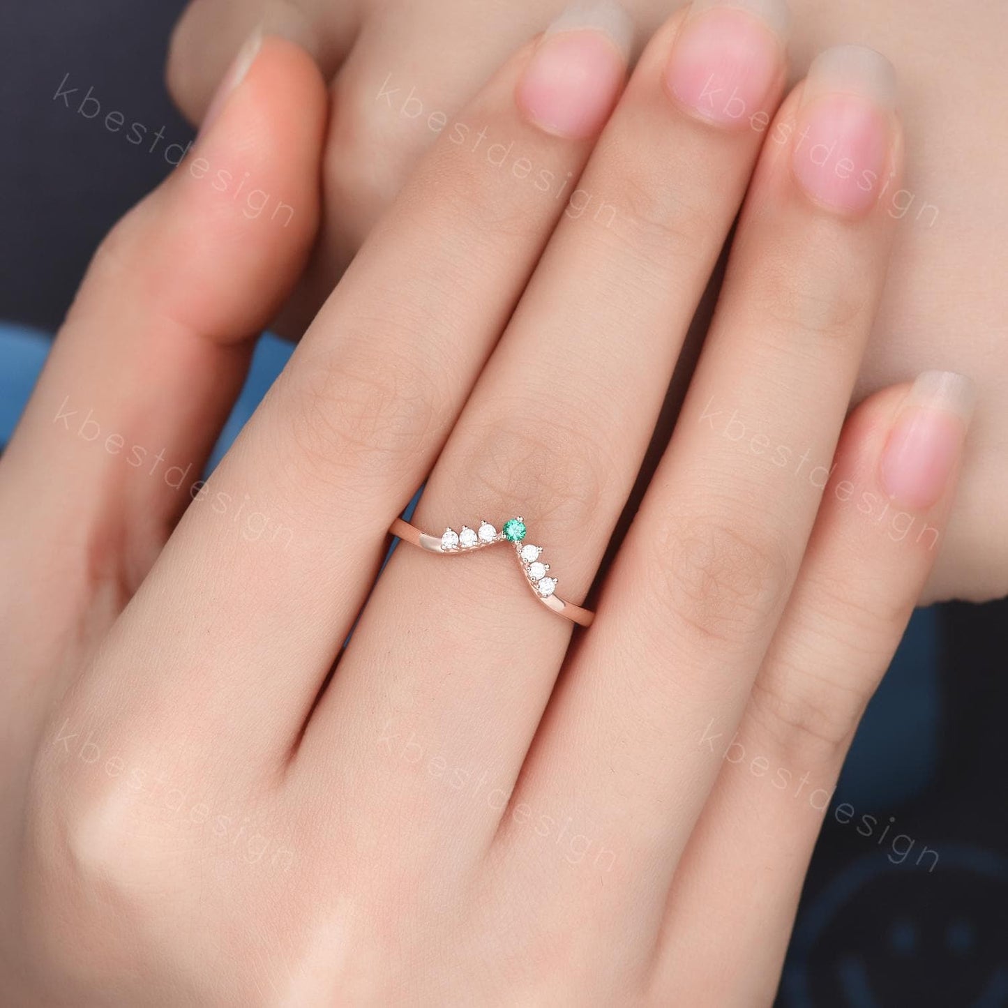 Unique moissanite emerald wedding band dainty rose gold band for women curved stacking matching band bridal anniversary band gift