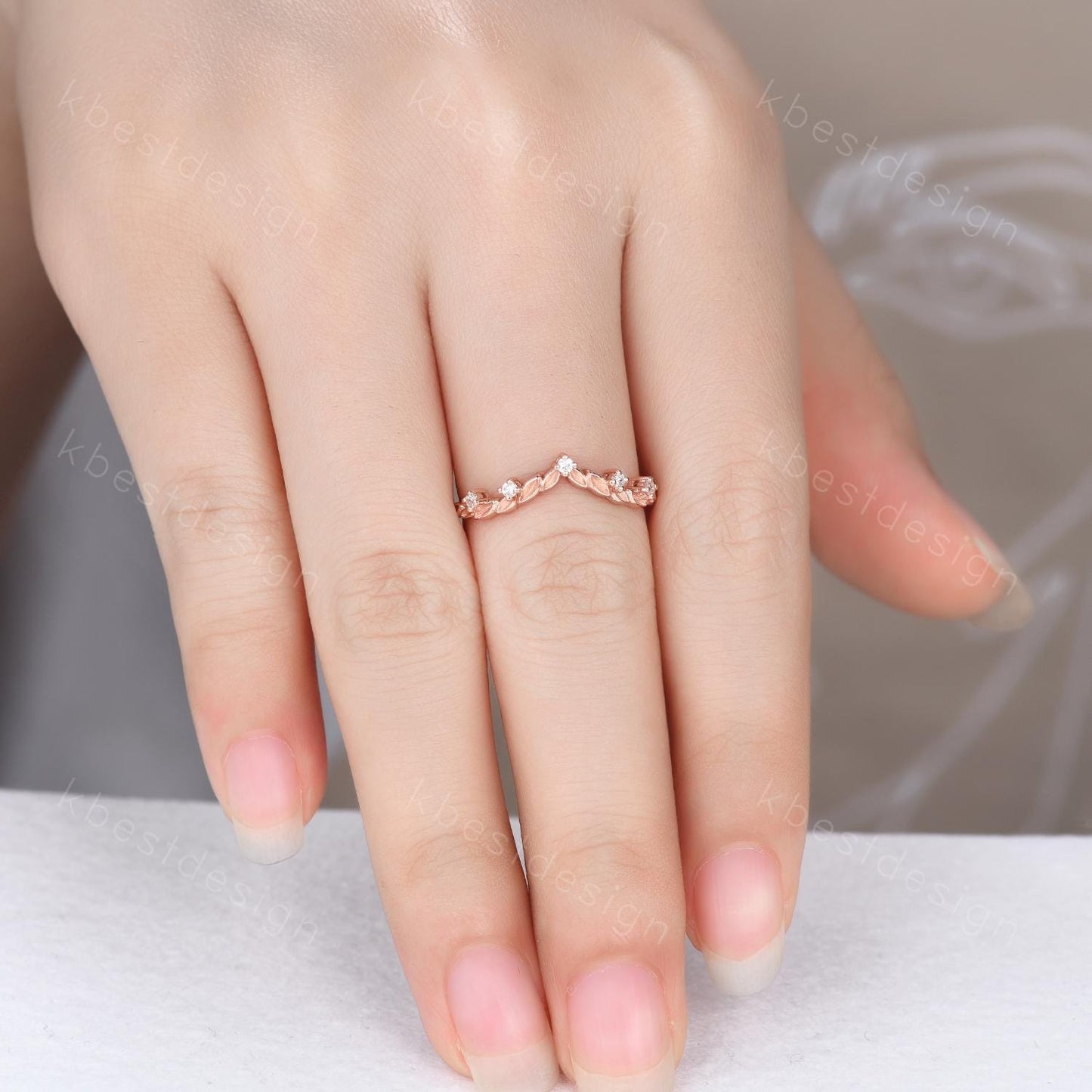 Unique Curved Moissanite Wedding Band Women Rose Gold Nature Leaf Style Stacking Matching Band Bridal Anniversary Ring