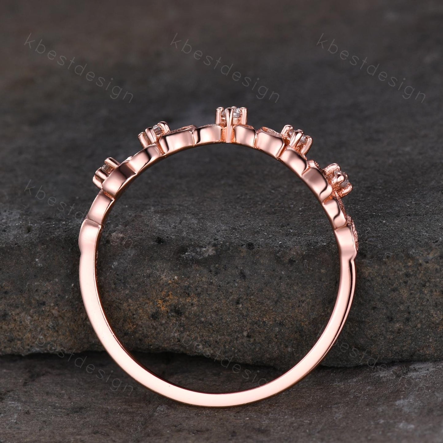 Unique Curved Moissanite Wedding Band Women Rose Gold Nature Leaf Style Stacking Matching Band Bridal Anniversary Ring