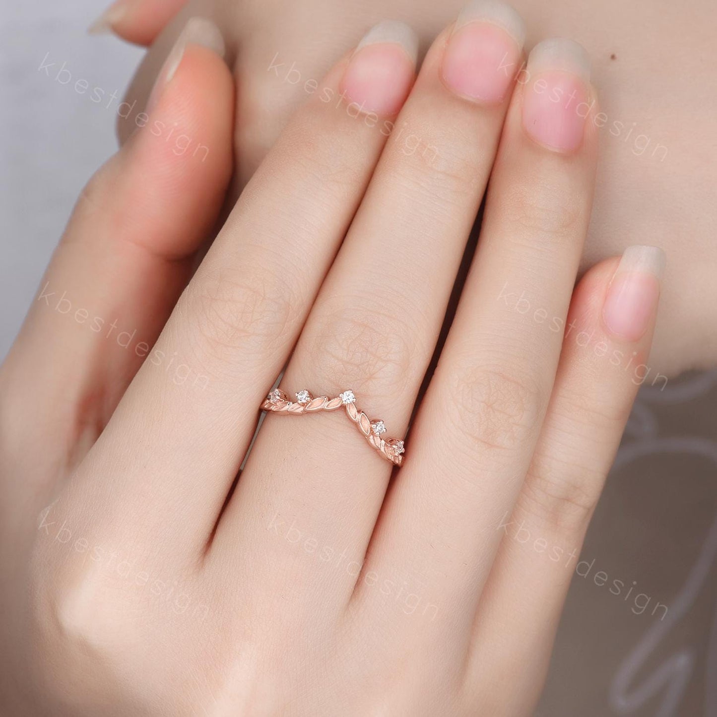 Unique Curved Moissanite Wedding Band Women Rose Gold Nature Leaf Style Stacking Matching Band Bridal Anniversary Ring