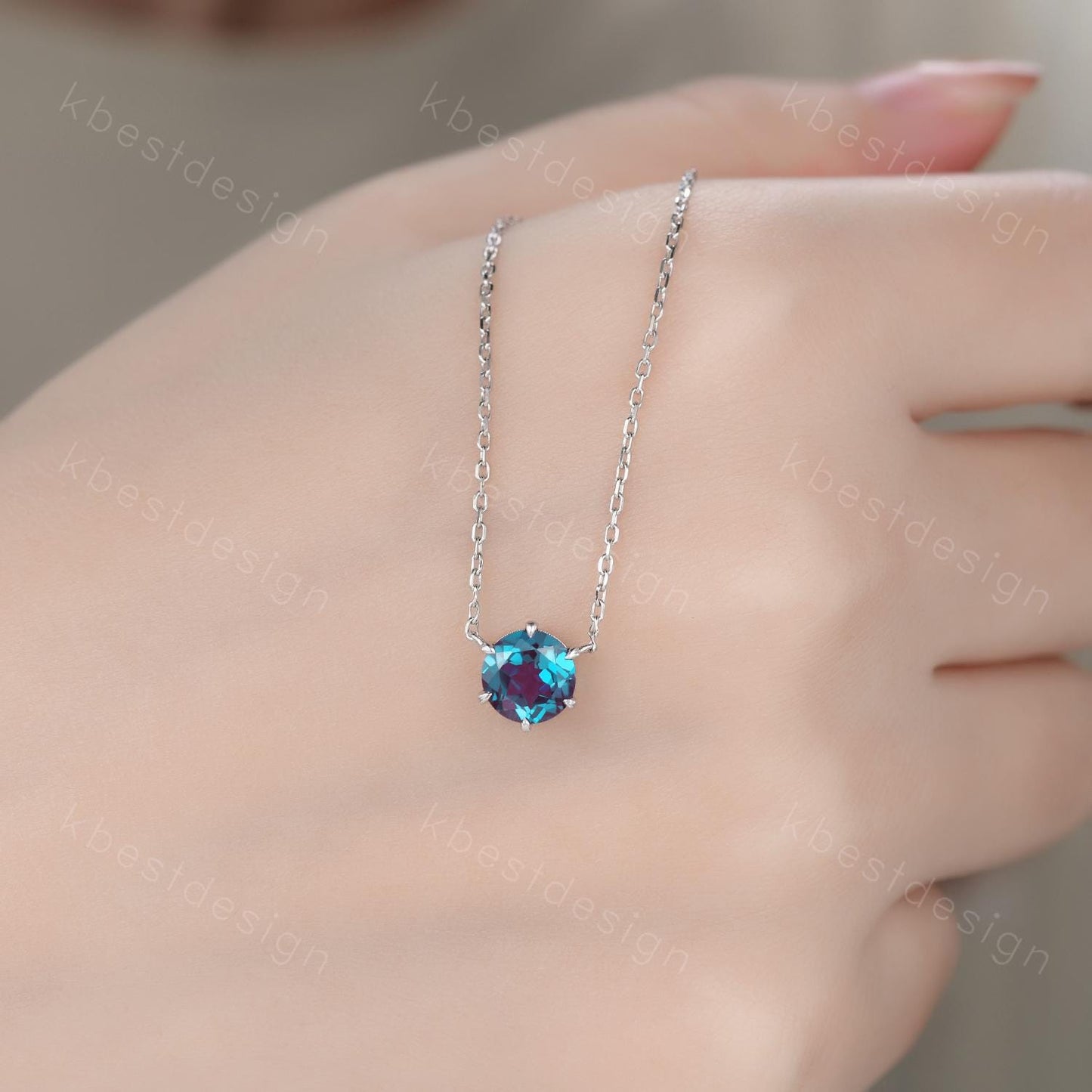 7mm Round Cut Alexandrite Necklace Sterling Silver Solitaire Alexandrite Pendant for Women Unique Vintage Personalized Anniversary Necklace