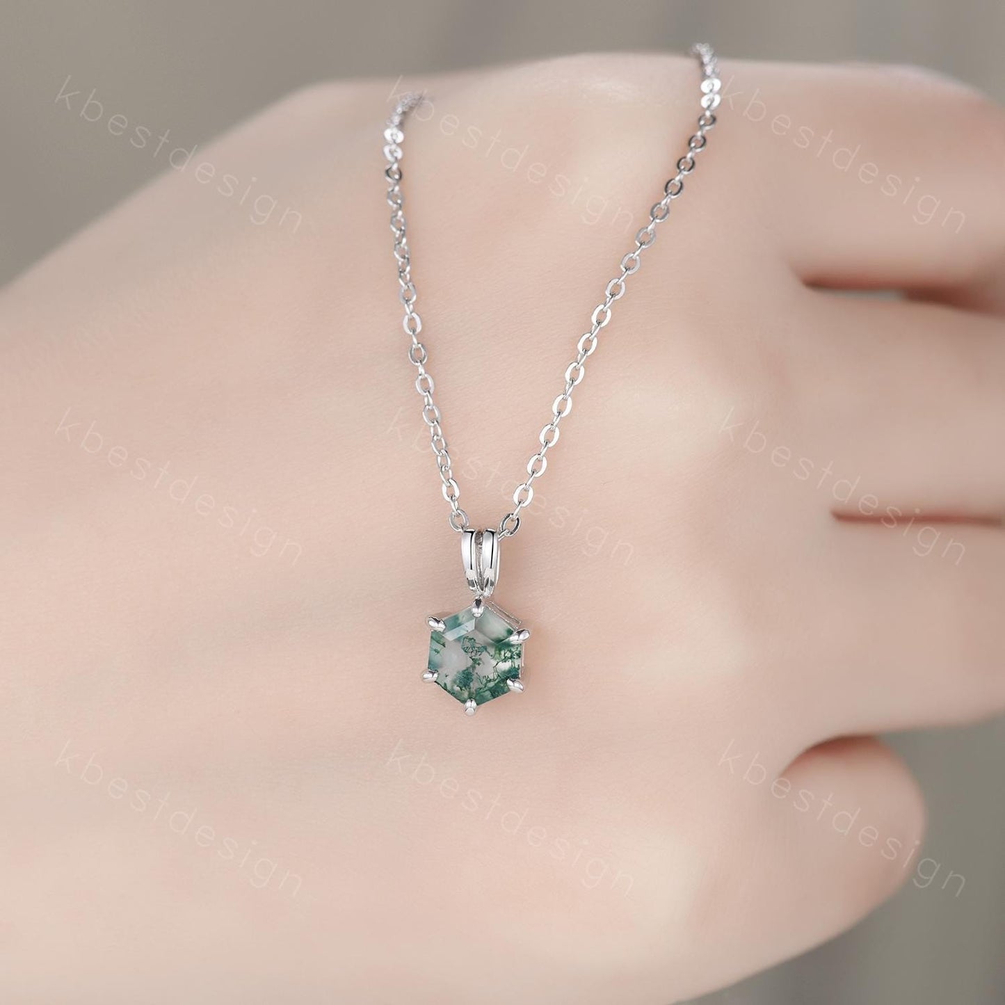 Hexagon Cut Moss Agate Necklace Minimalist Solitaire Pendant for Women Sterling Silver Necklace Unique Personalized Anniversary Necklace