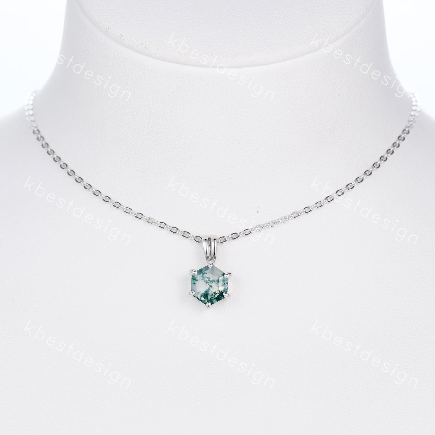 Hexagon Cut Moss Agate Necklace Minimalist Solitaire Pendant for Women Sterling Silver Necklace Unique Personalized Anniversary Necklace