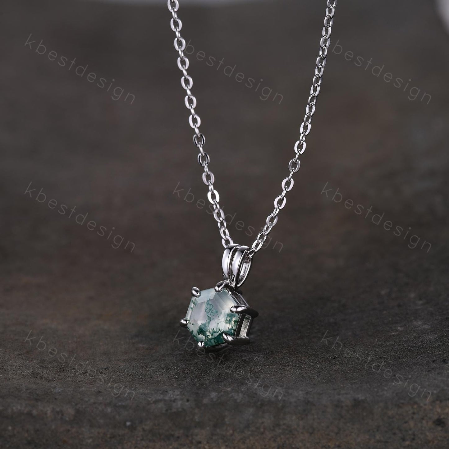 Hexagon Cut Moss Agate Necklace Minimalist Solitaire Pendant for Women Sterling Silver Necklace Unique Personalized Anniversary Necklace