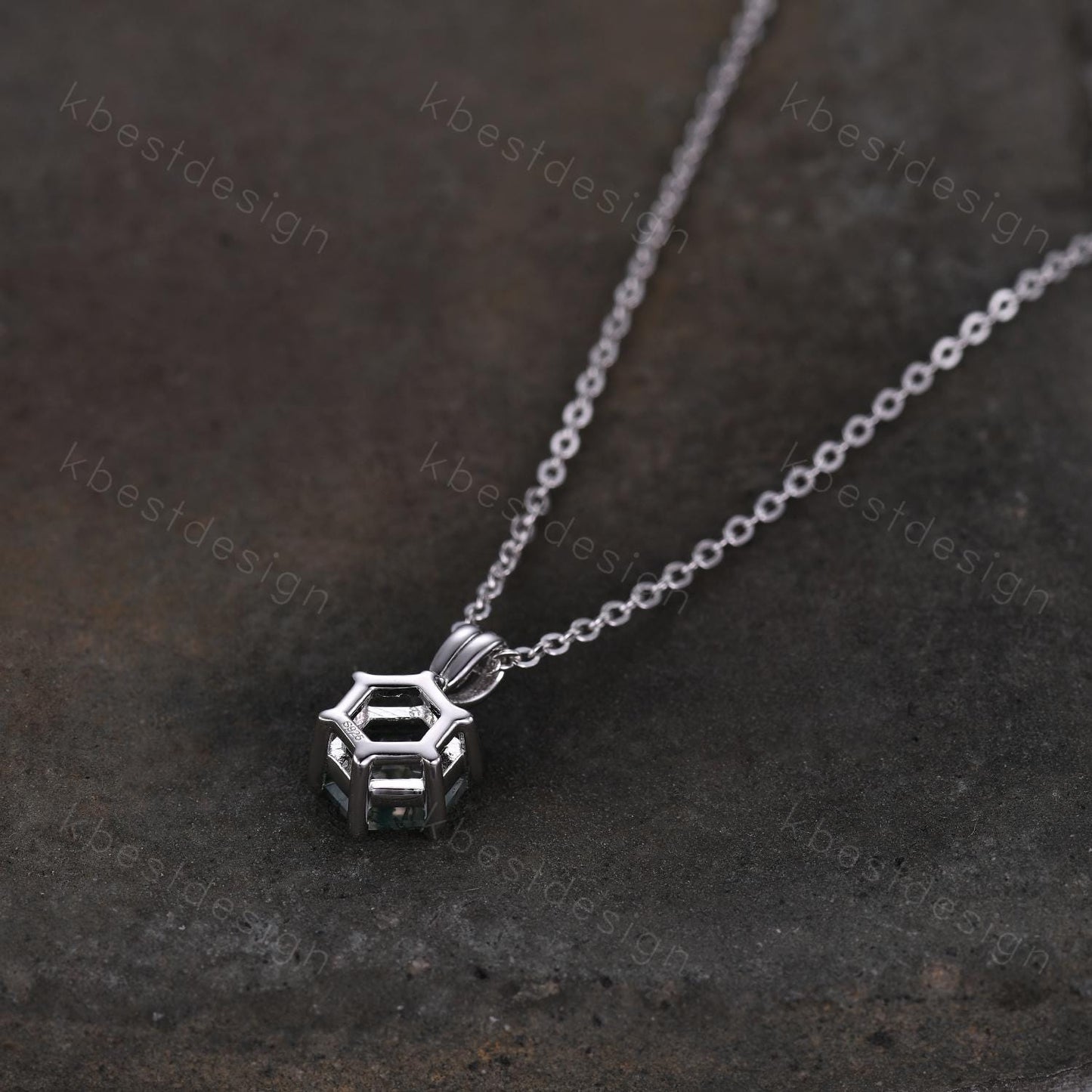 Hexagon Cut Moss Agate Necklace Minimalist Solitaire Pendant for Women Sterling Silver Necklace Unique Personalized Anniversary Necklace