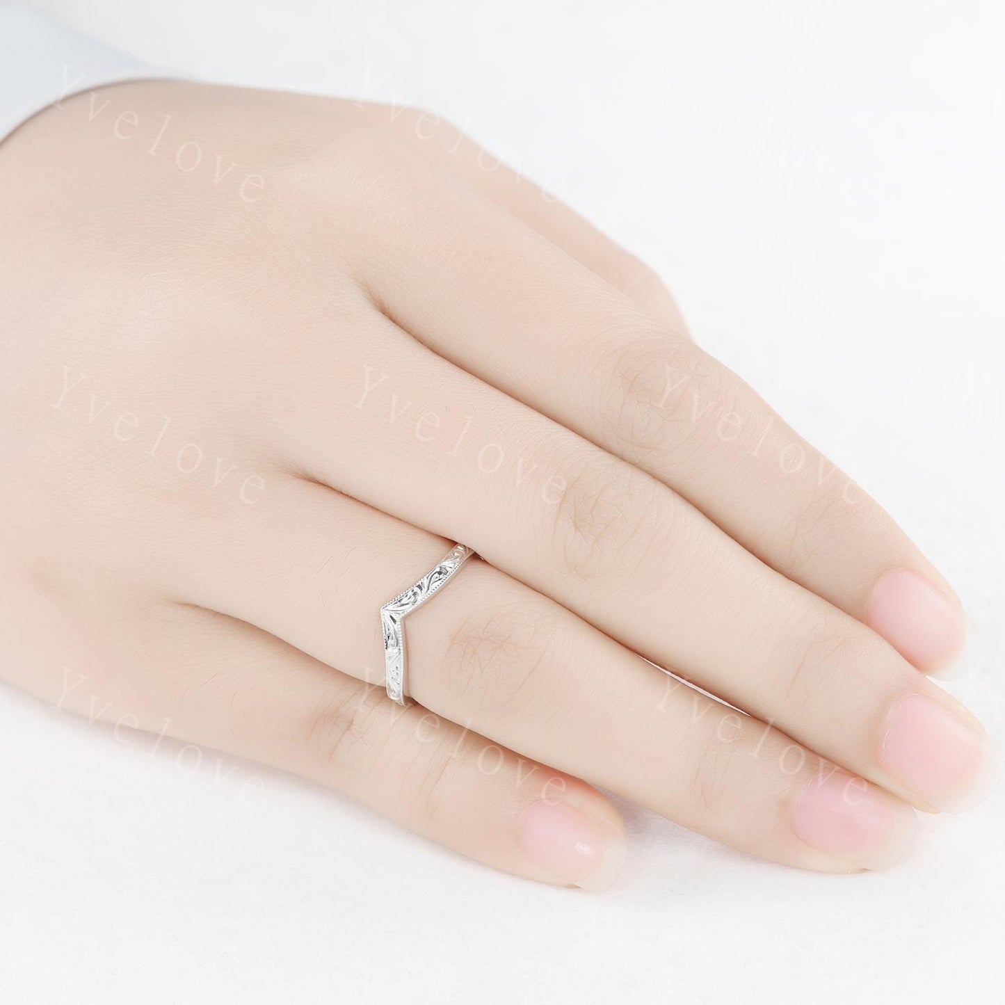 14k Plain White Gold Ring Filigree Milgrain Edge Wedding Band V Curved Stacking Matching Band Retro Vintage Anniversary Gift Promise Ring
