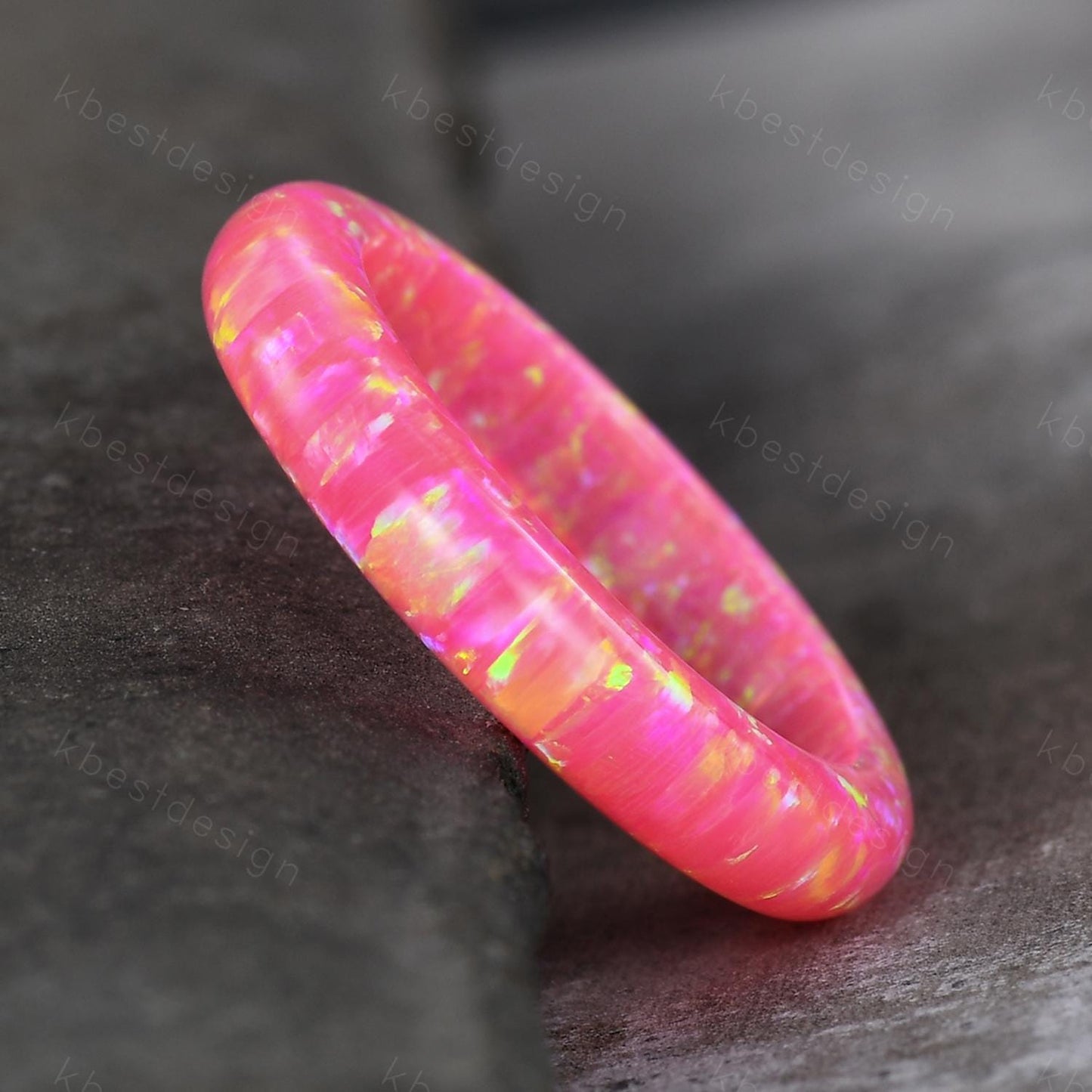 Unique 4mm pink fire opal wedding band comfort fit wedding band solitaire minimalist opal wedding ring band gift for women October ring