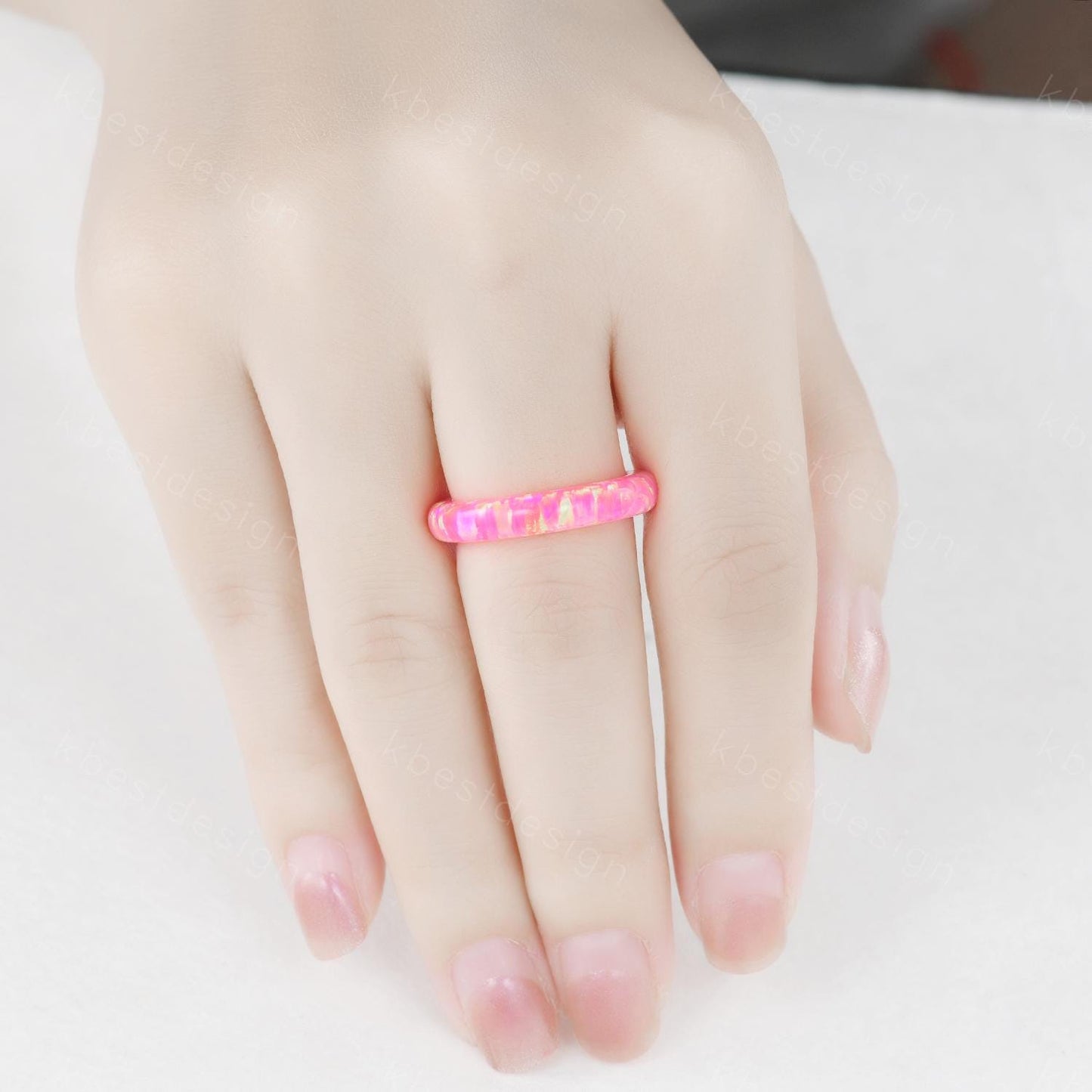 Unique 4mm pink fire opal wedding band comfort fit wedding band solitaire minimalist opal wedding ring band gift for women October ring