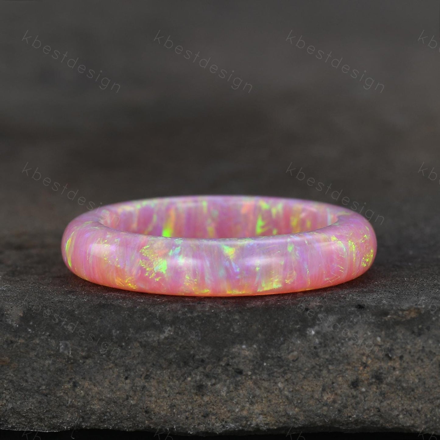 Unique 6mm pink fire opal wedding band comfort fit gemstone wedding band solitaire pink opal wedding ring band special gift for women