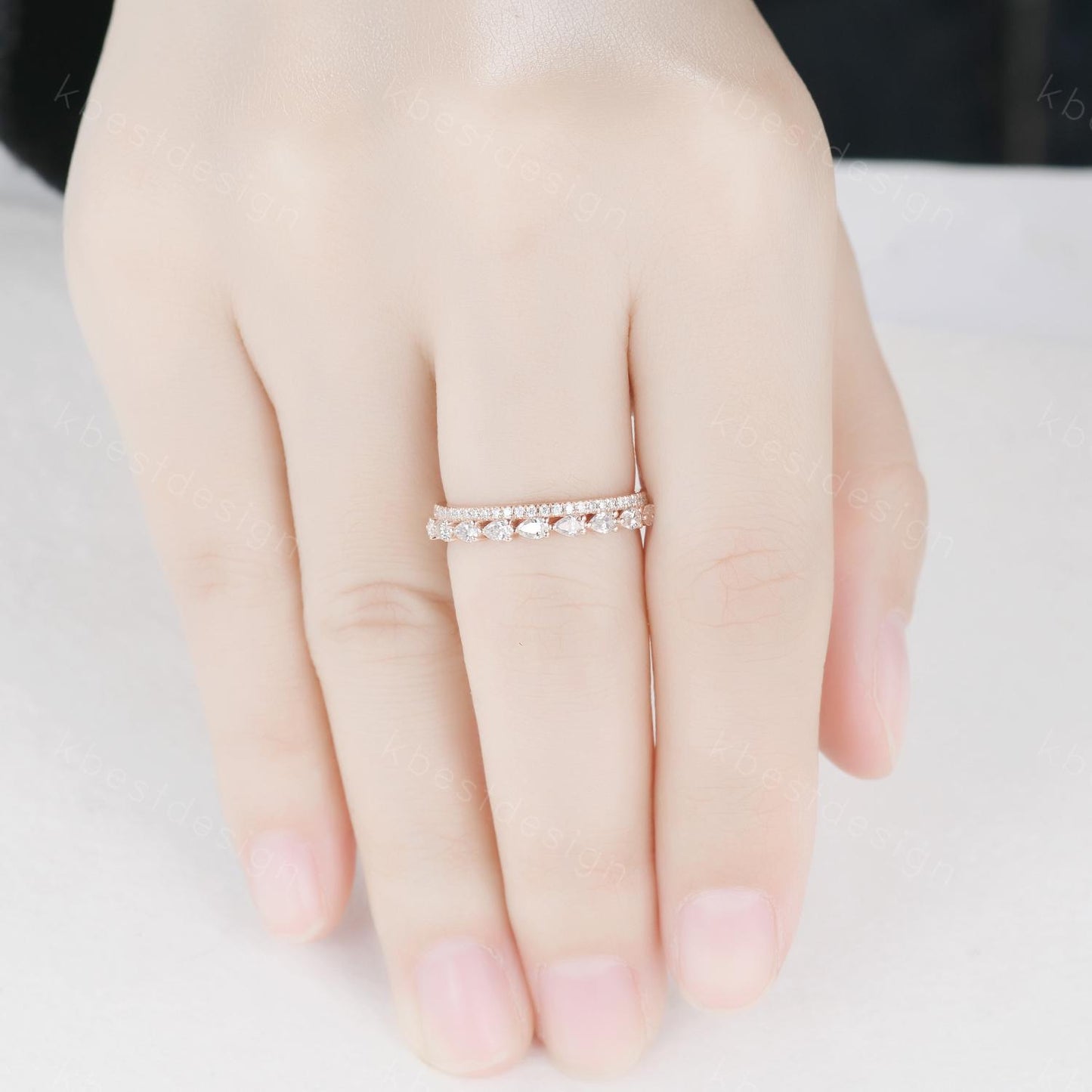 Pear cut Moissanite wedding band rose gold double band ring half eternity band art deco stacking matching band unique anniversary gift