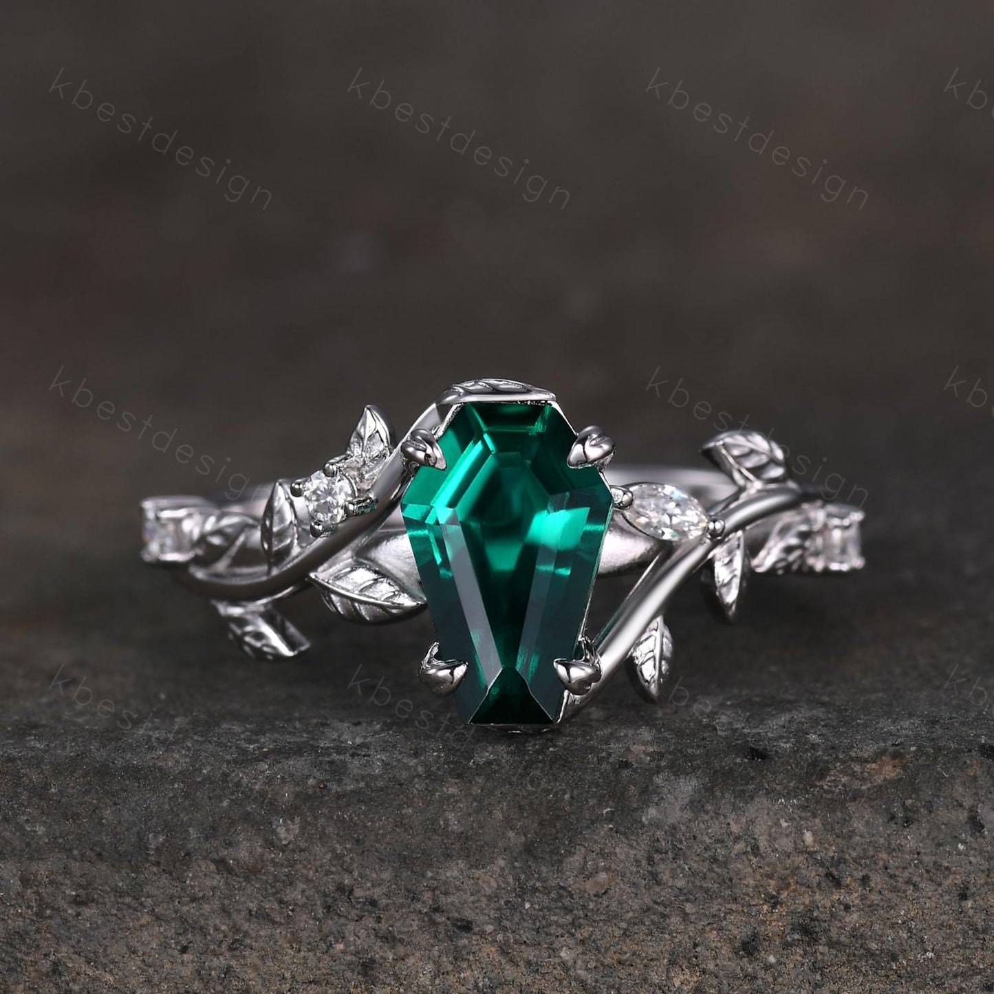 Vintage coffin green emerald engagement ring silver twig leaf moissanite wedding ring nature inspired ring Emerald bridal promise ring