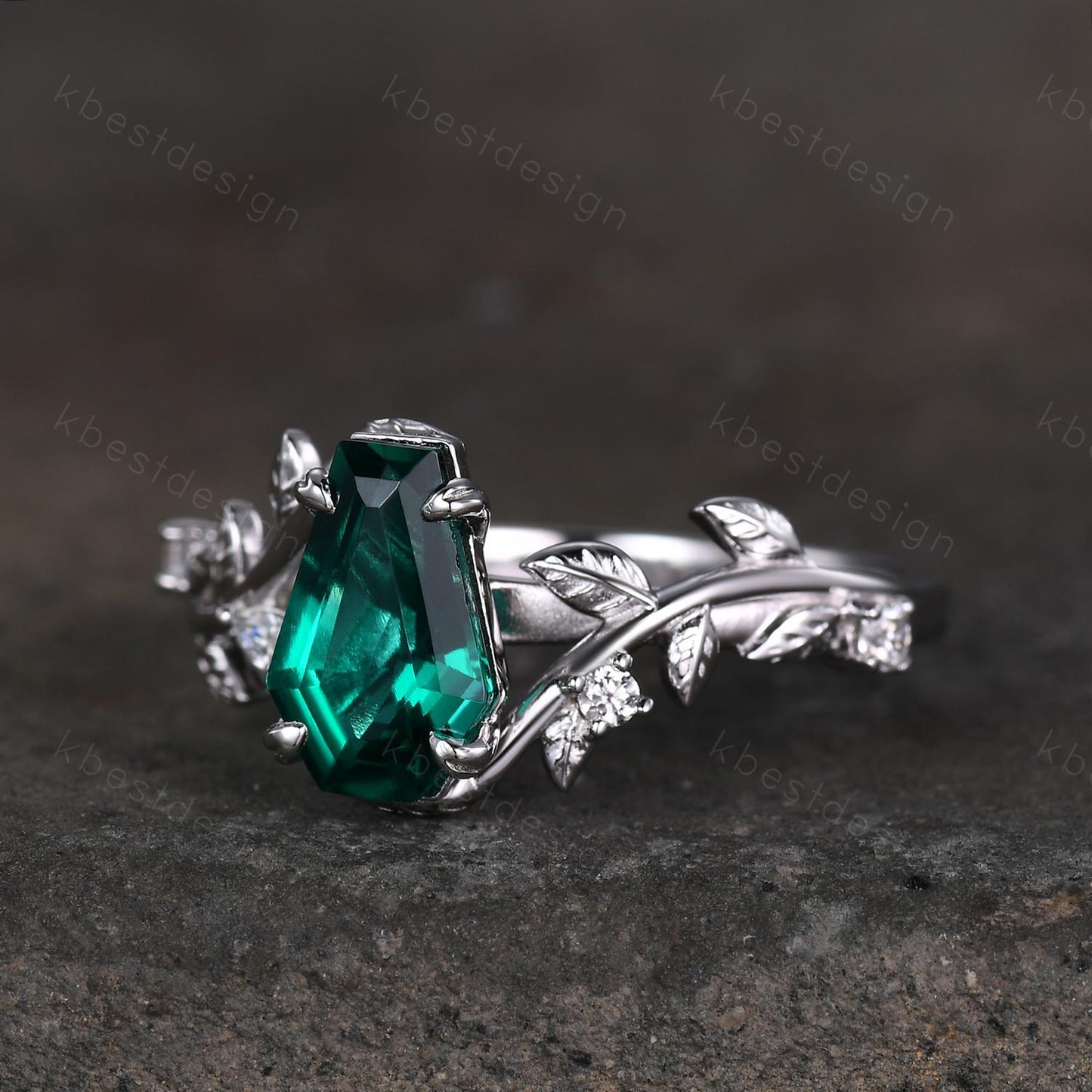Vintage coffin green emerald engagement ring silver twig leaf moissanite wedding ring nature inspired ring Emerald bridal promise ring