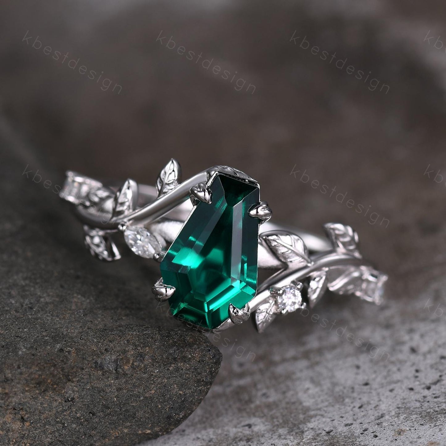 Vintage coffin green emerald engagement ring silver twig leaf moissanite wedding ring nature inspired ring Emerald bridal promise ring