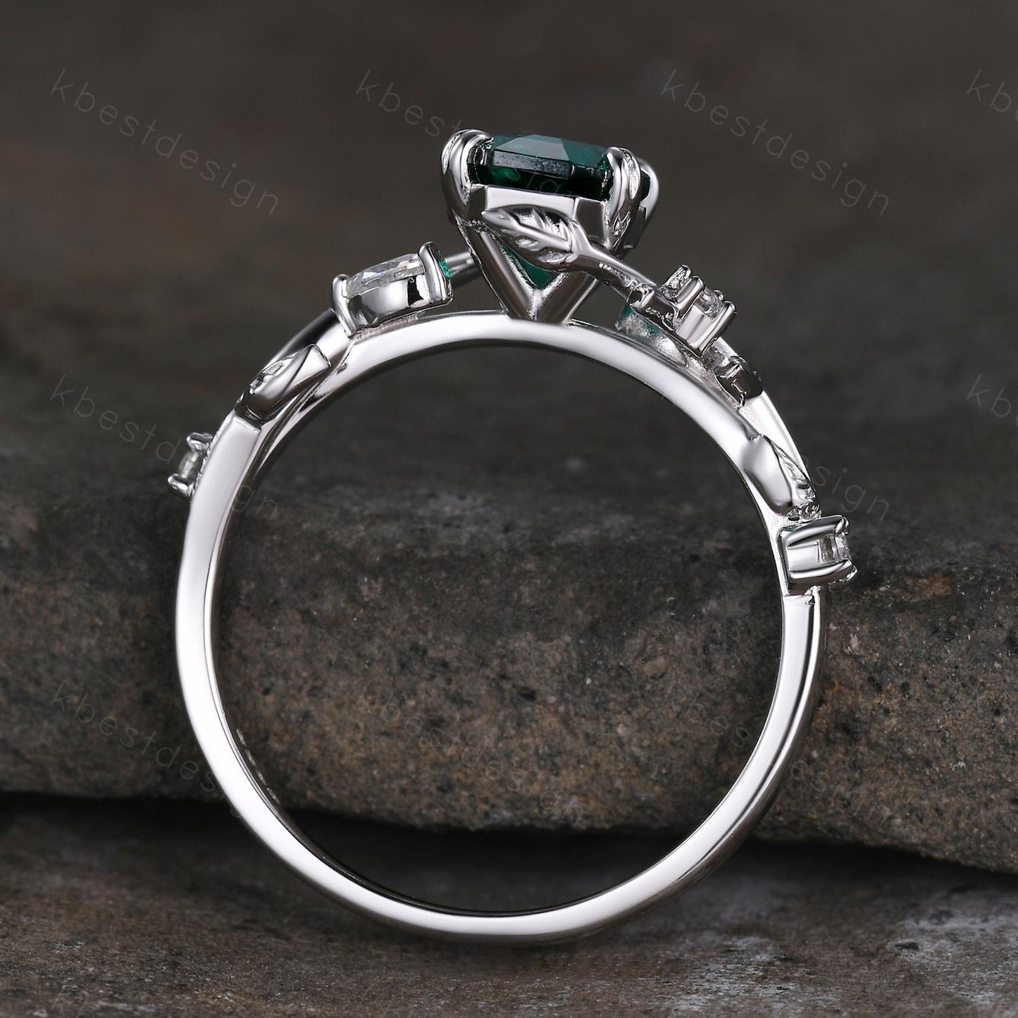 Vintage coffin green emerald engagement ring silver twig leaf moissanite wedding ring nature inspired ring Emerald bridal promise ring