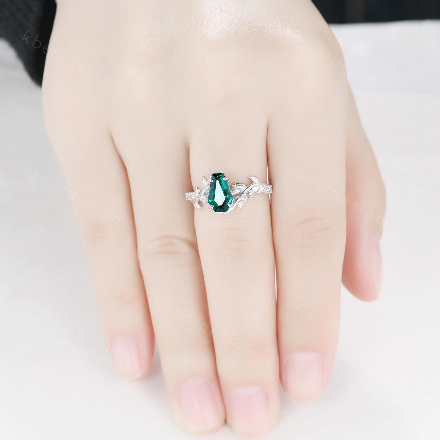 Vintage coffin green emerald engagement ring silver twig leaf moissanite wedding ring nature inspired ring Emerald bridal promise ring