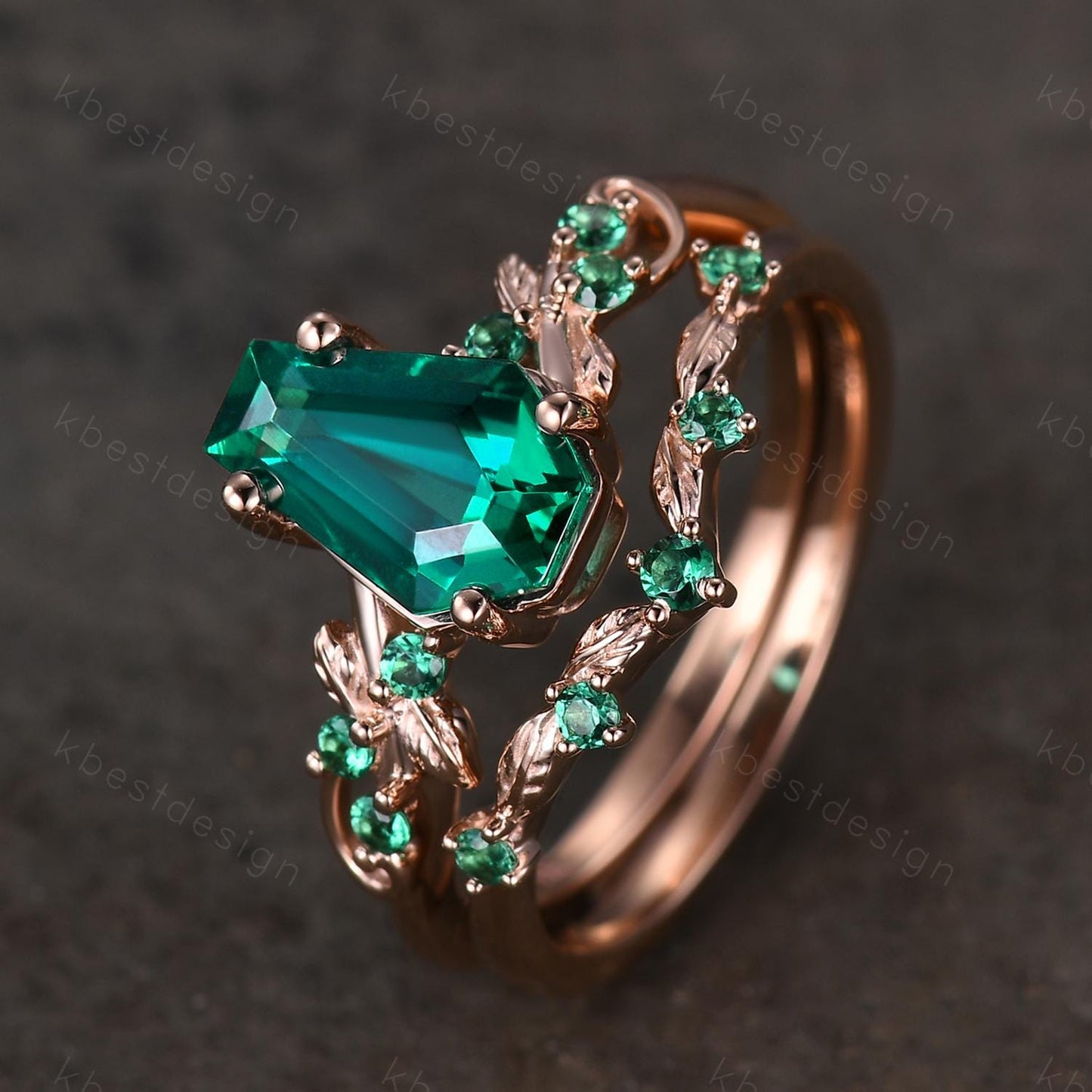 Vintage Coffin cut Emerald Engagement Ring Art Deco Branch Design Leaf Emerald Wedding Ring Rose Gold Ring Unique Bridal Promise Set