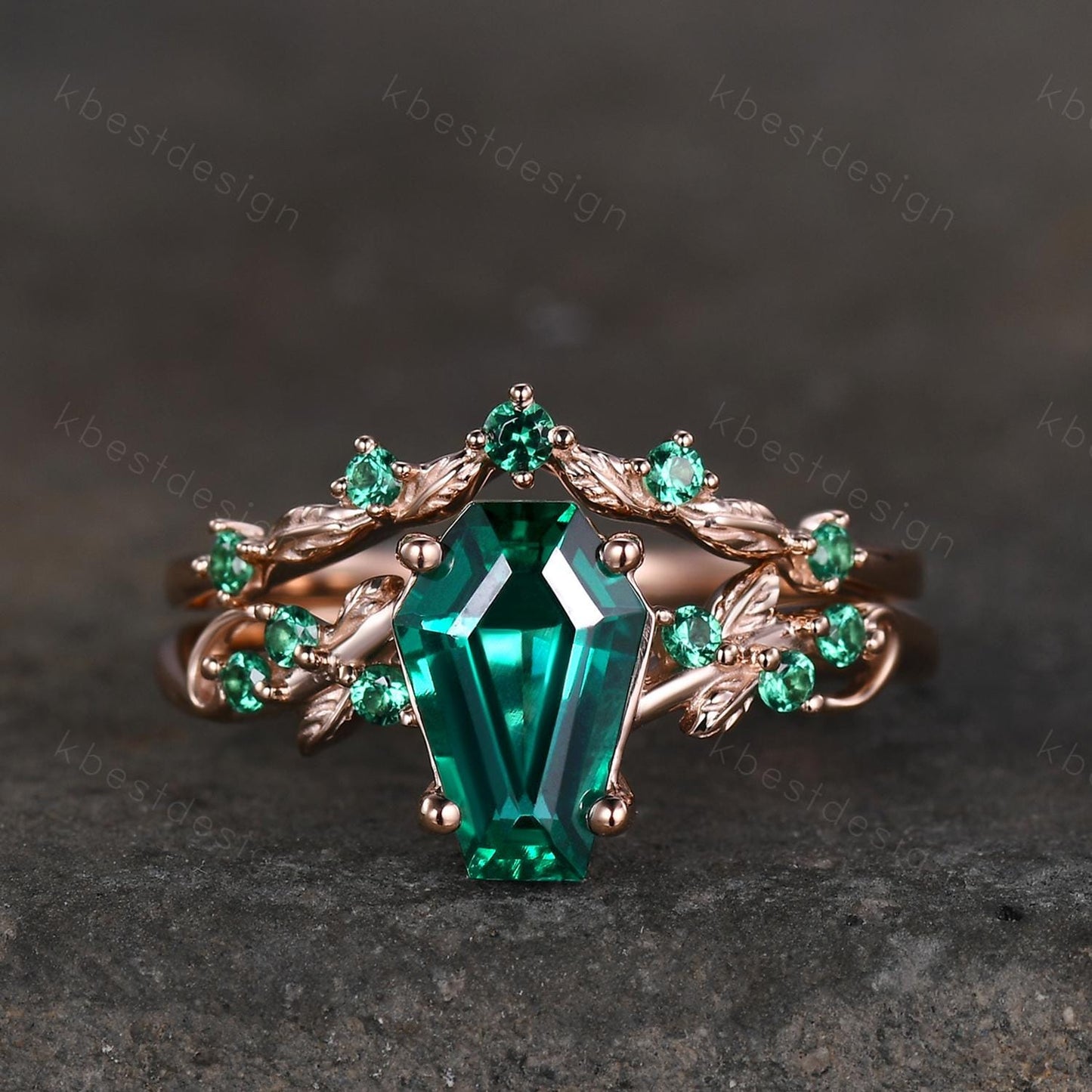 Vintage Coffin cut Emerald Engagement Ring Art Deco Branch Design Leaf Emerald Wedding Ring Rose Gold Ring Unique Bridal Promise Set