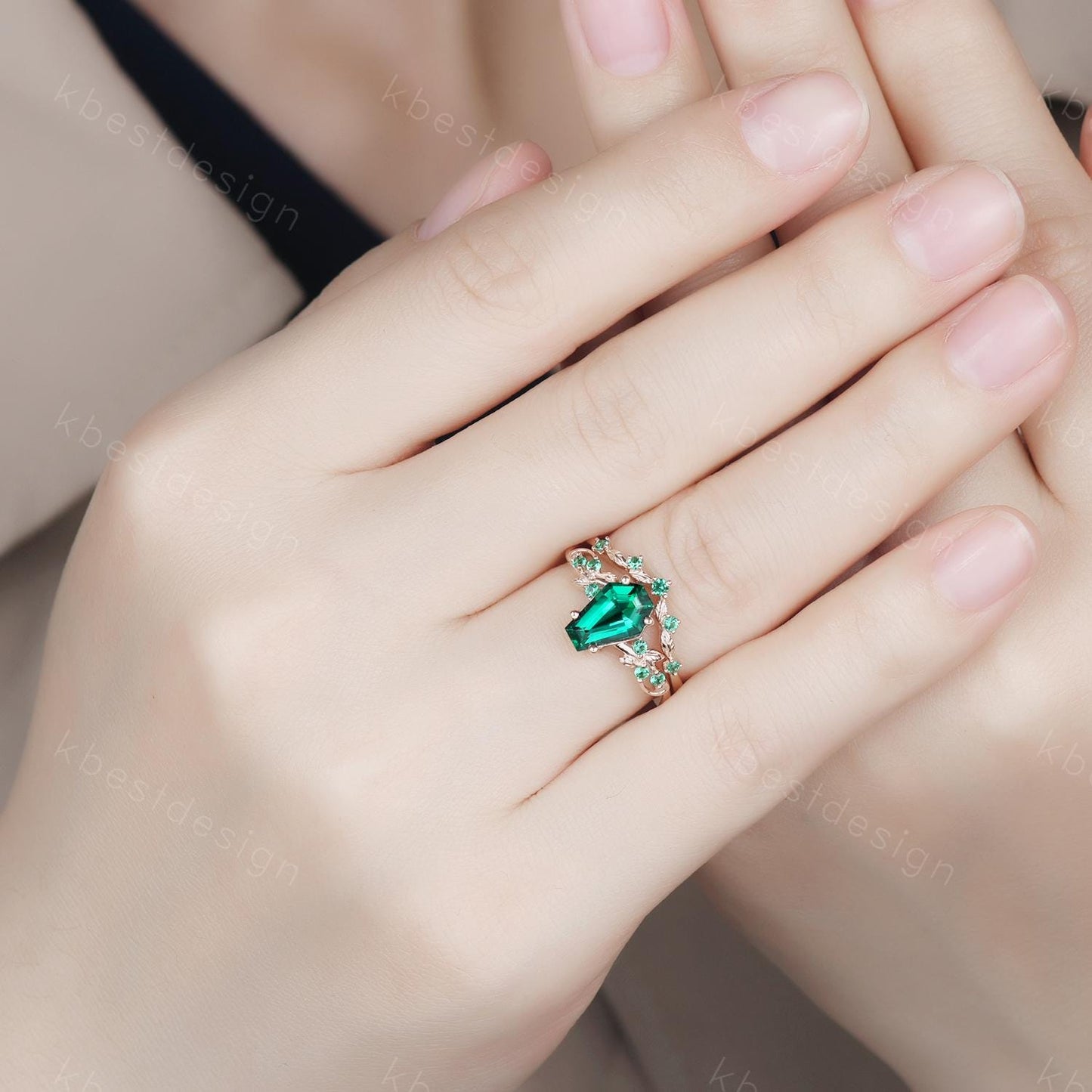 Vintage Coffin cut Emerald Engagement Ring Art Deco Branch Design Leaf Emerald Wedding Ring Rose Gold Ring Unique Bridal Promise Set