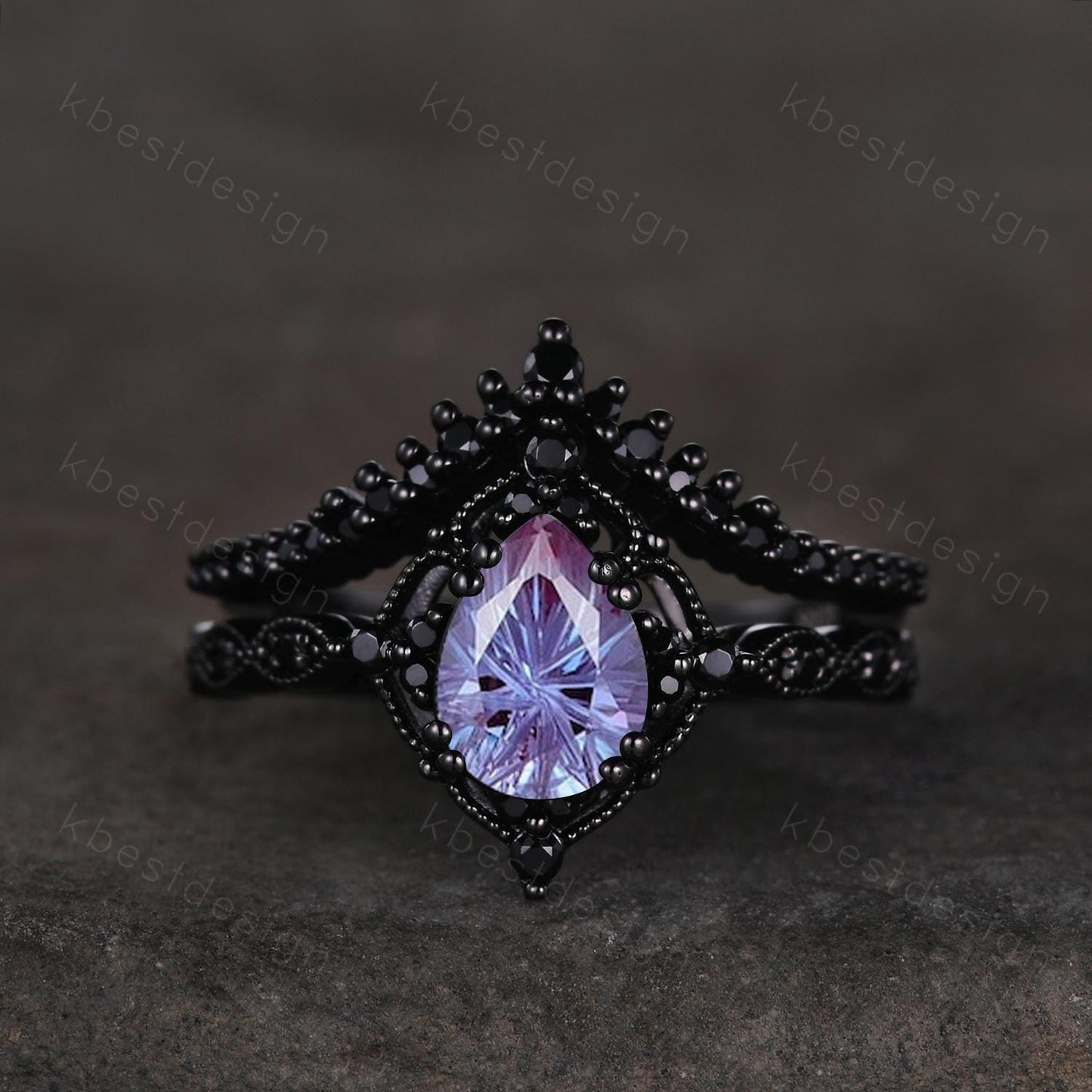 Vintage firework alexandrite engagement ring black gold ring art deco curved stacking band pear shaped bridal set unique black wedding set