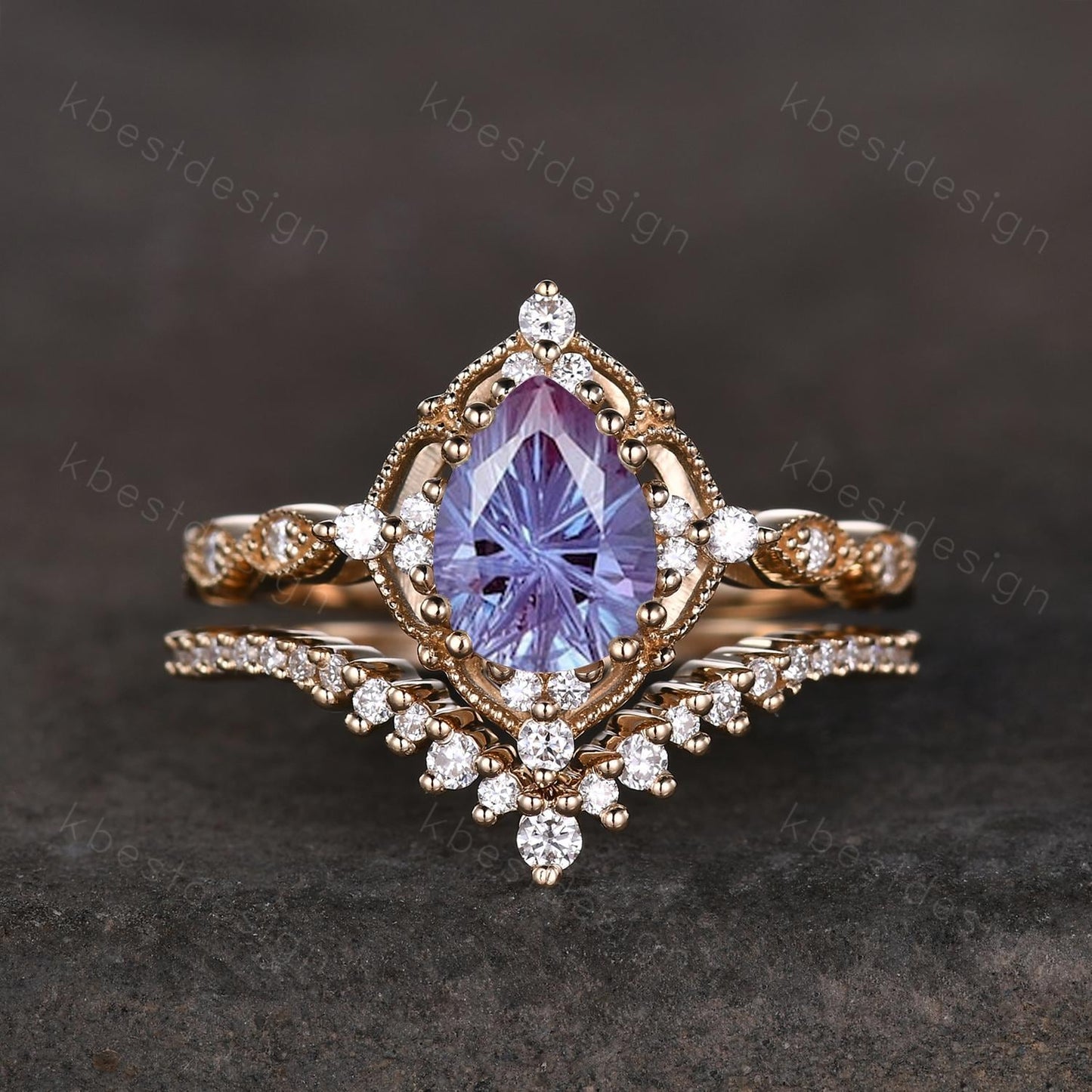 Vintage firework alexandrite engagement ring black gold ring art deco curved stacking band pear shaped bridal set unique black wedding set