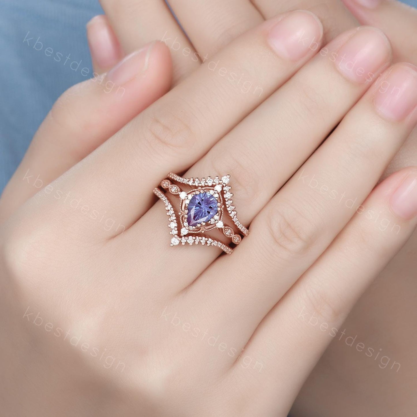 3PCS Firework alexandrite engagement ring rose gold ring art deco curved stacking band pear shaped bridal set unique moissanite wedding set
