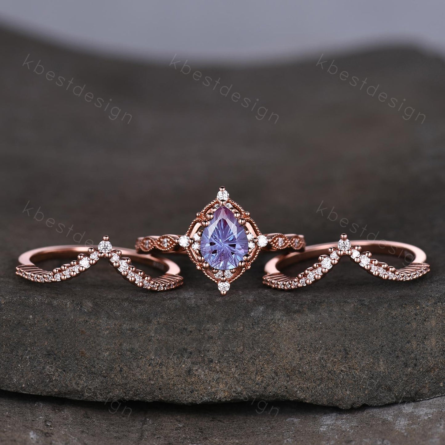 3PCS Firework alexandrite engagement ring rose gold ring art deco curved stacking band pear shaped bridal set unique moissanite wedding set
