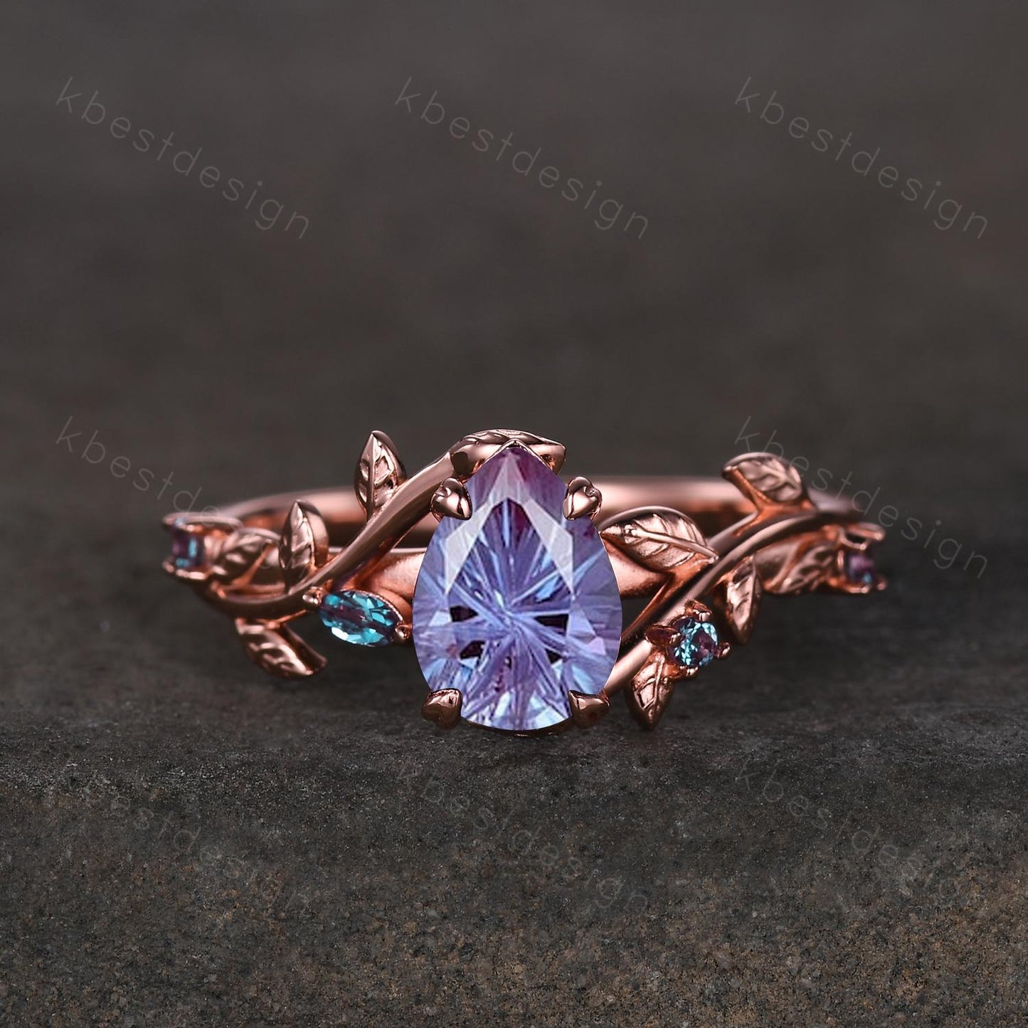 Vintage firework cut alexandrite engagement ring rose gold art deco twig leaf ring natural inspired ring unique bridal promise ring for her
