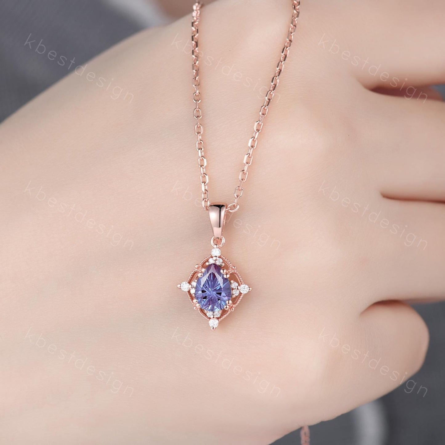 Vintage firework alexandrite necklace rose gold necklace art deco Personalized pendant for women unique moissanite promise anniversary gift