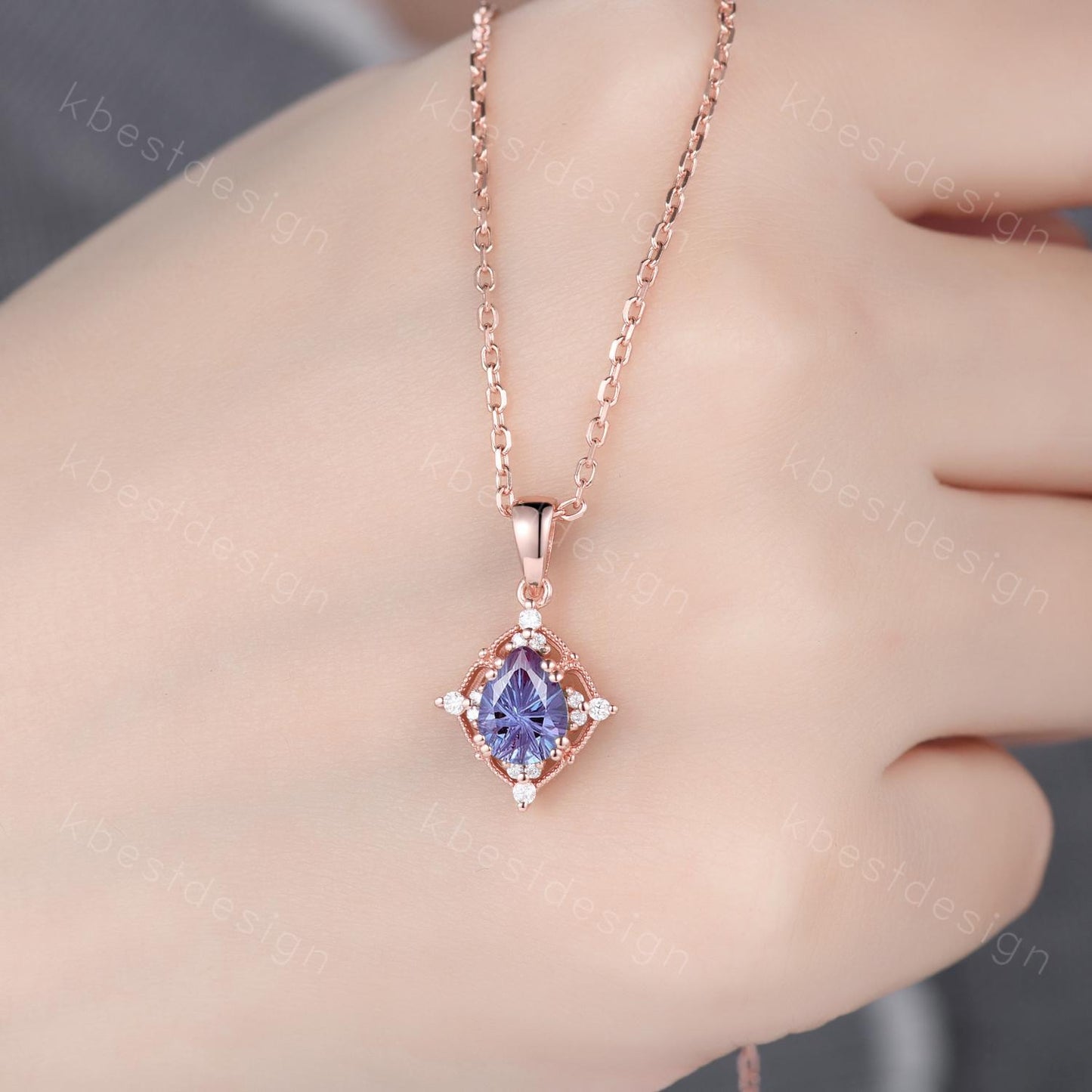 Vintage firework alexandrite necklace rose gold necklace art deco Personalized pendant for women unique moissanite promise anniversary gift