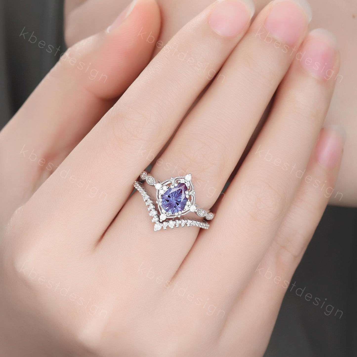 Vintage Alexandrite engagement ring set silver pear shaped firework alexandrite ring art deco moissanite stacking ring unique wedding ring