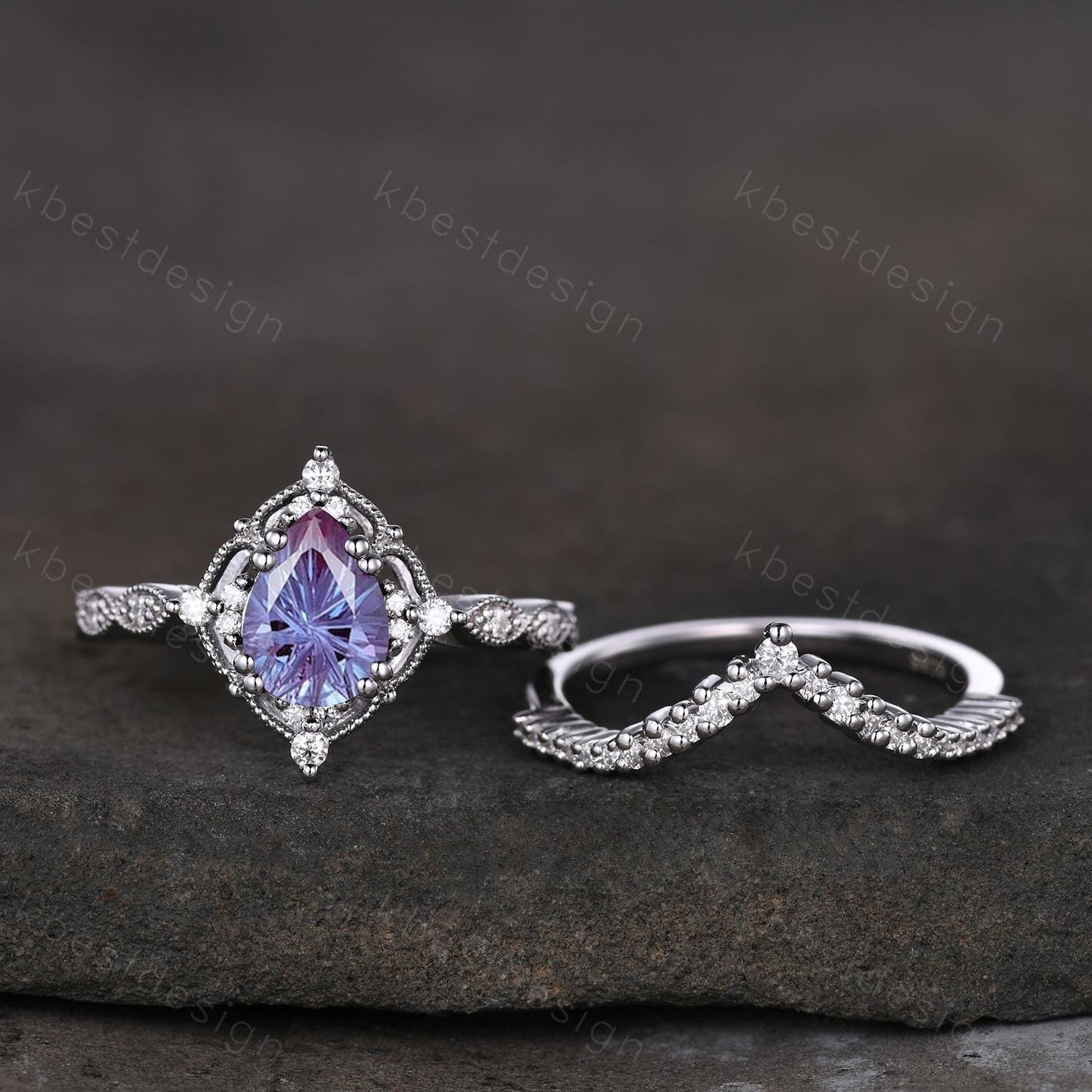 Vintage Alexandrite engagement ring set silver pear shaped firework alexandrite ring art deco moissanite stacking ring unique wedding ring