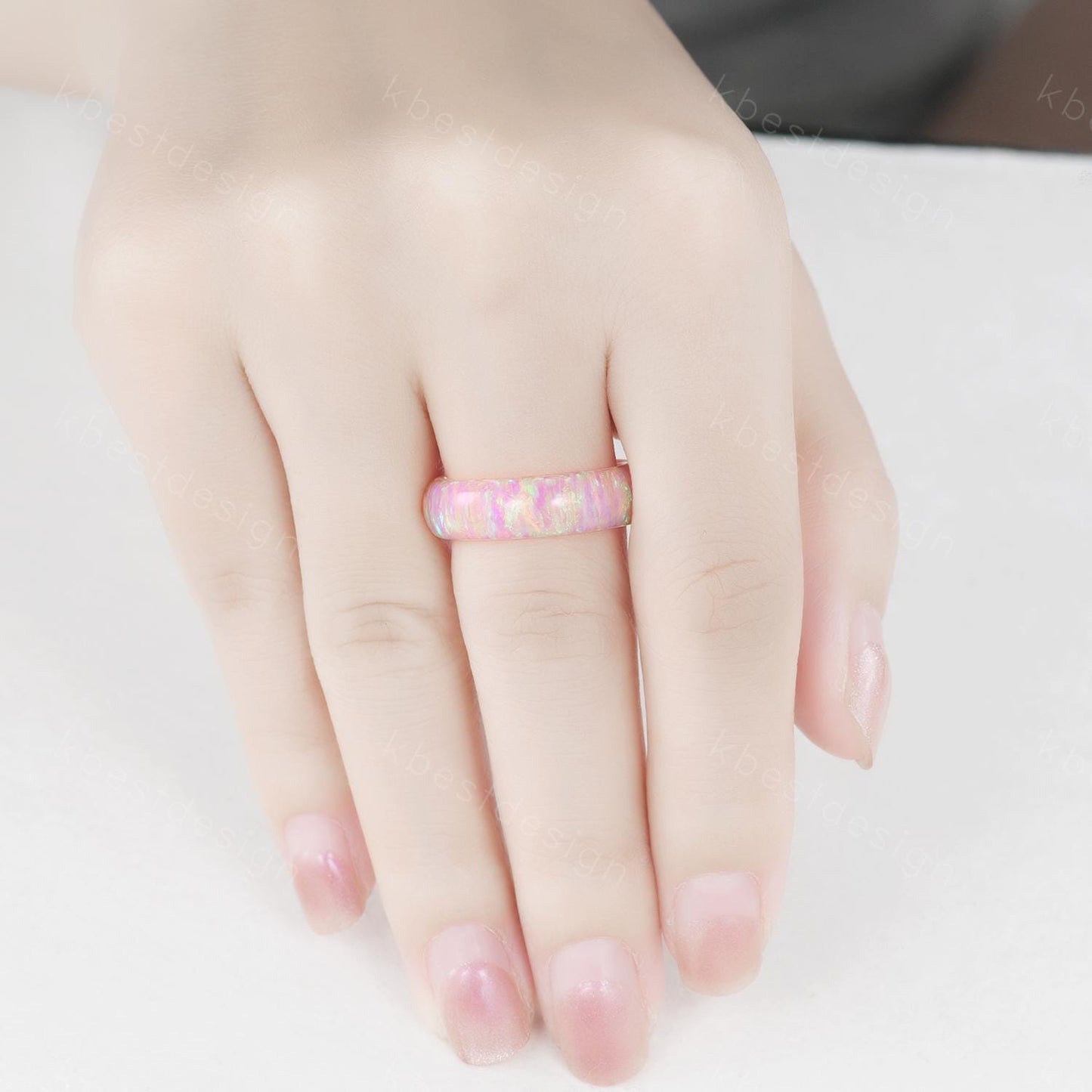Unique 6mm pink fire opal wedding band comfort fit gemstone wedding band solitaire pink opal wedding ring band special gift for women
