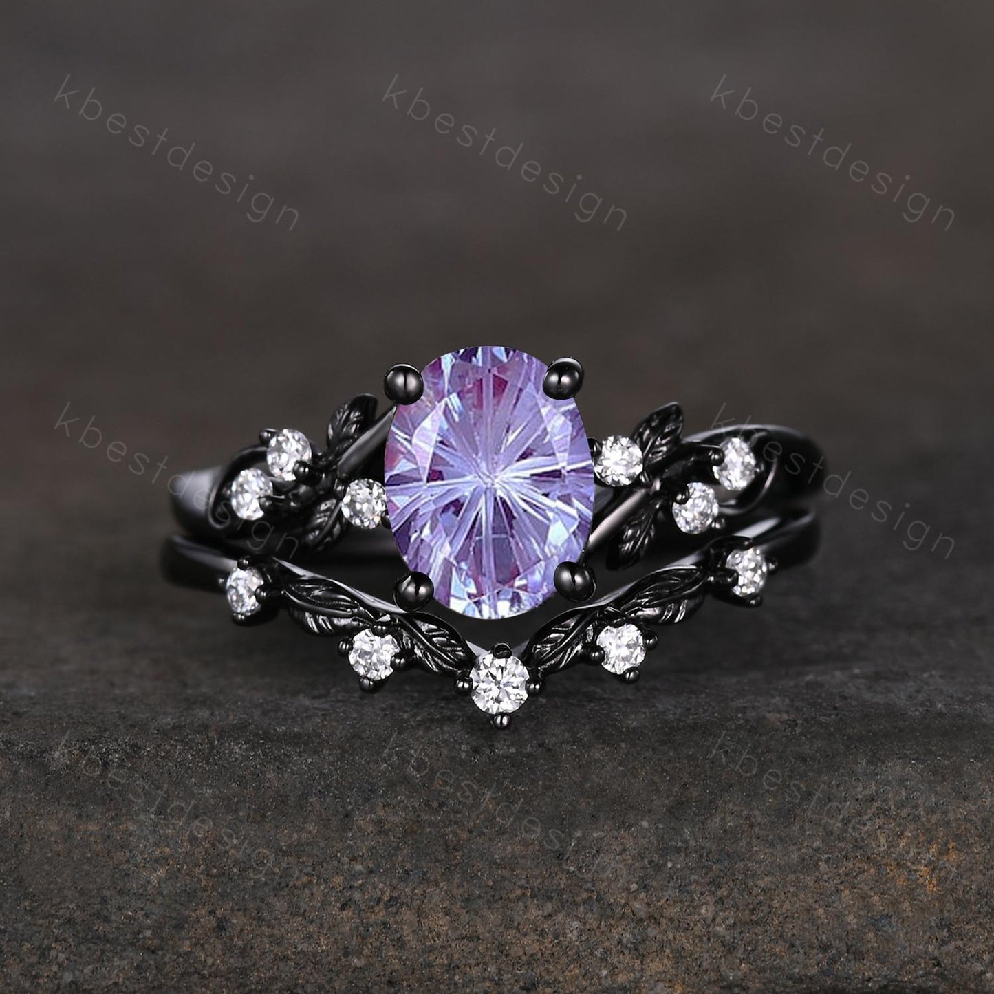 Vintage firework alexandrite engagement ring black gold twig leaf moissanite ring nature branch ring unique art deco bridal wedding ring set