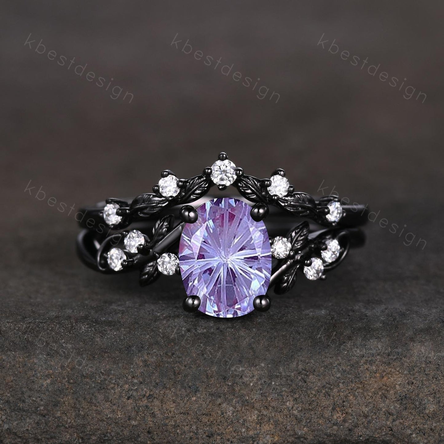 Vintage firework alexandrite engagement ring black gold twig leaf moissanite ring nature branch ring unique art deco bridal wedding ring set