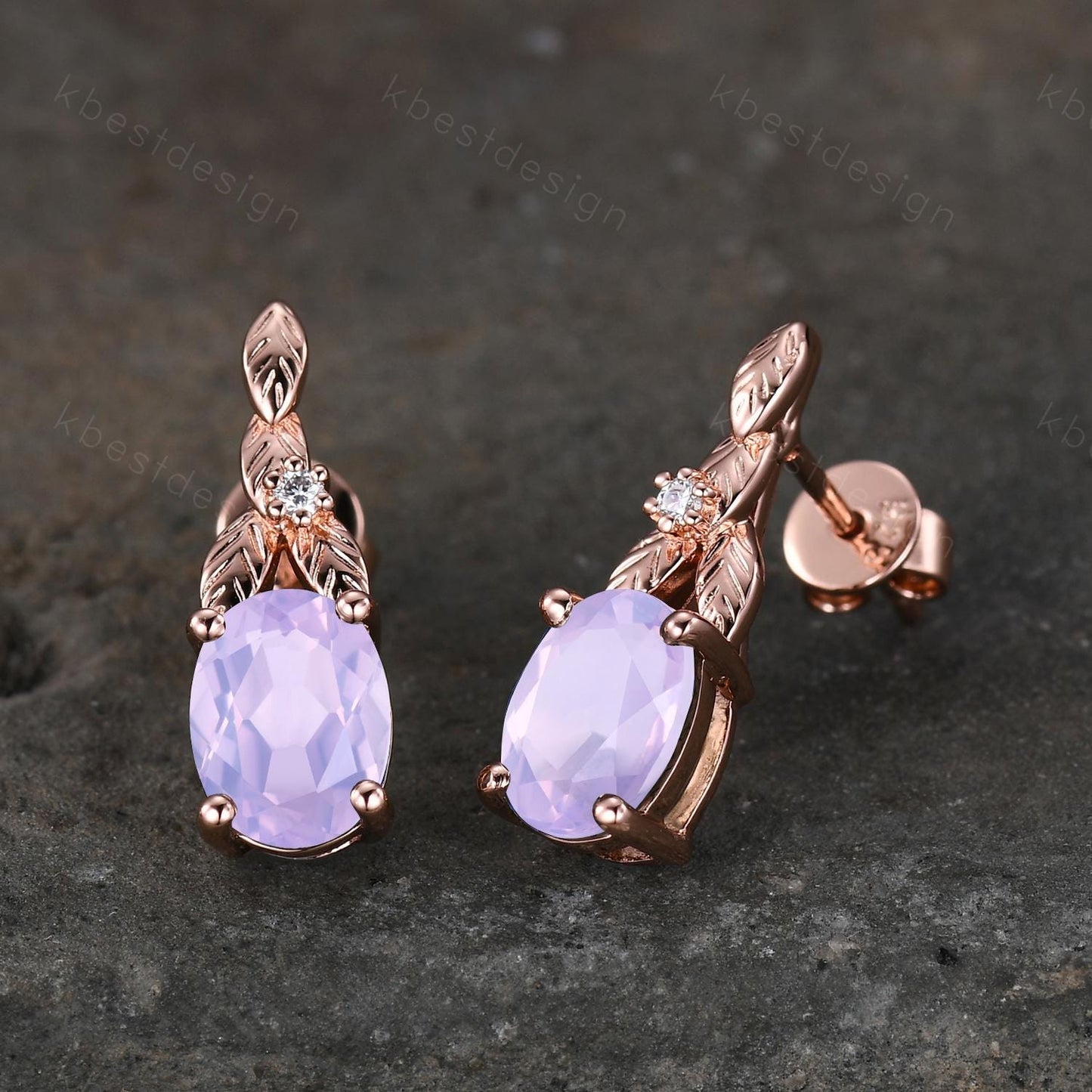 Oval cut lavender amethyst earrings women rose gold earring studs branch leaf earrings nature inspired studs anniversary gift for her
