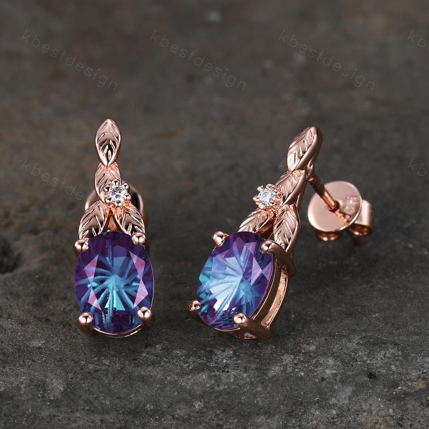 Fireworks alexandrite earrings women rose gold earring studs branch leaf earrings nature inspired studs June anniversary gift for her