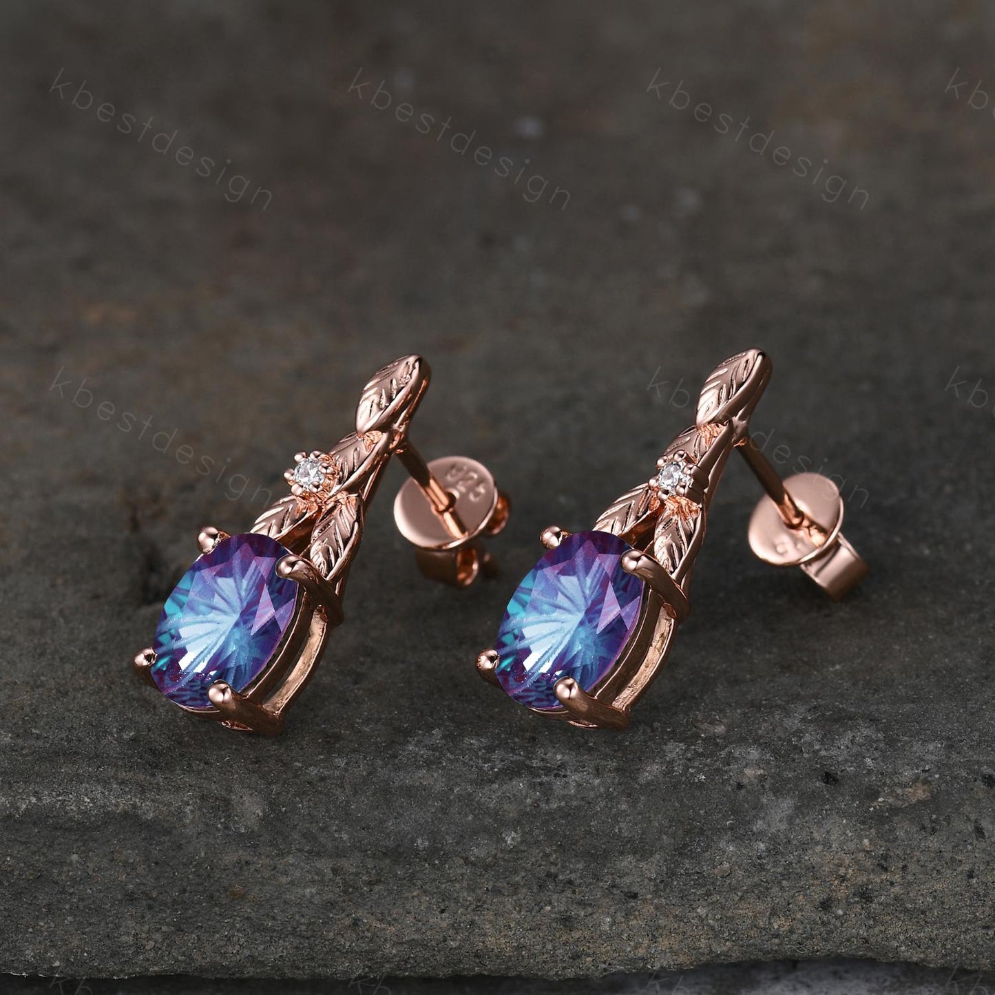 Fireworks alexandrite earrings women rose gold earring studs branch leaf earrings nature inspired studs June anniversary gift for her