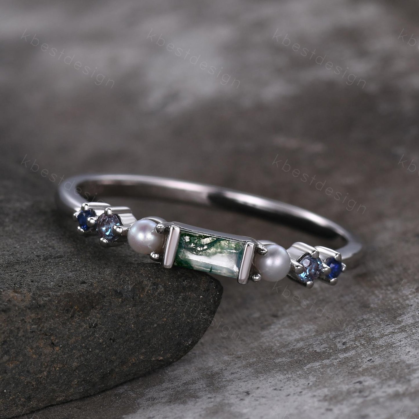 Baguette Moss Agate Ring,Alexandrite and Pearl Wedding Band,Unique Multi Gemstone Ring,Birthstone Jewelry,Gift For Mom,Personalized Gift