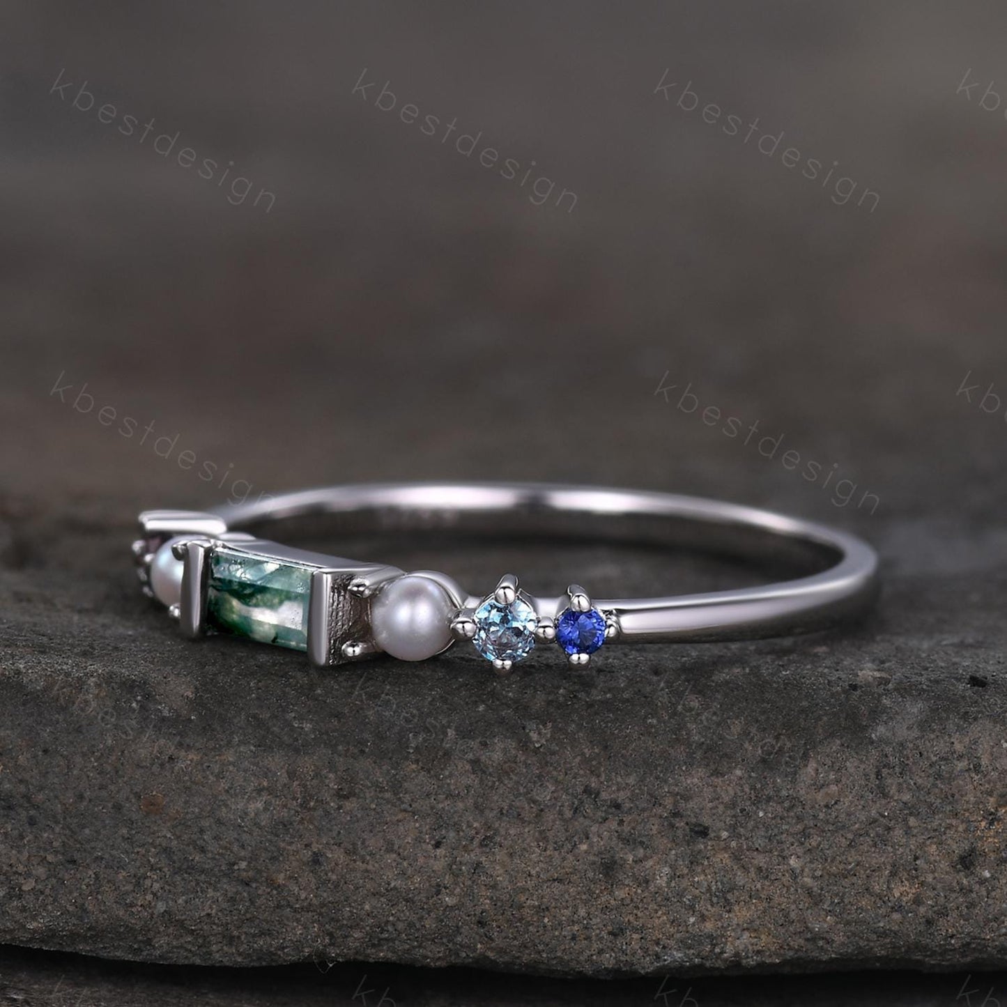 Baguette Moss Agate Ring,Alexandrite and Pearl Wedding Band,Unique Multi Gemstone Ring,Birthstone Jewelry,Gift For Mom,Personalized Gift