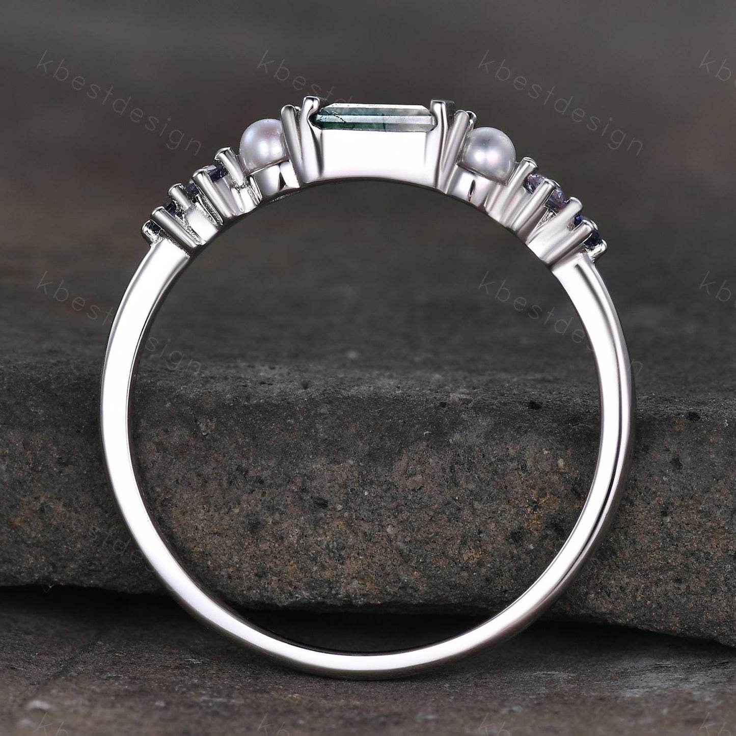 Baguette Moss Agate Ring,Alexandrite and Pearl Wedding Band,Unique Multi Gemstone Ring,Birthstone Jewelry,Gift For Mom,Personalized Gift