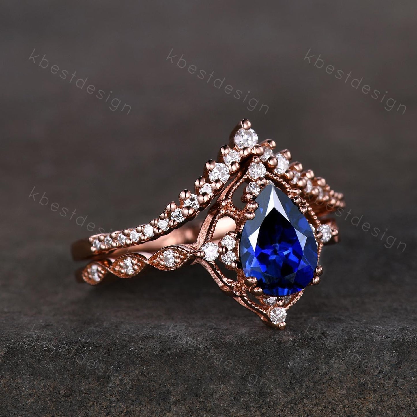 Vintage blue sapphire engagement ring rose gold ring art deco curved stacking band pear shaped bridal set unique moissanite wedding set