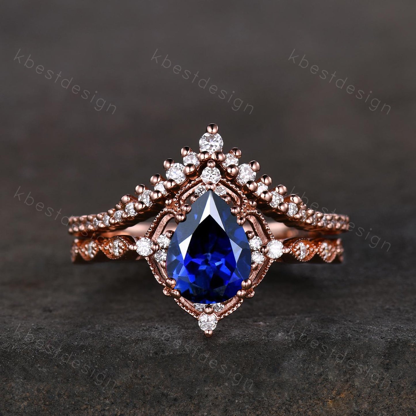 Vintage blue sapphire engagement ring rose gold ring art deco curved stacking band pear shaped bridal set unique moissanite wedding set