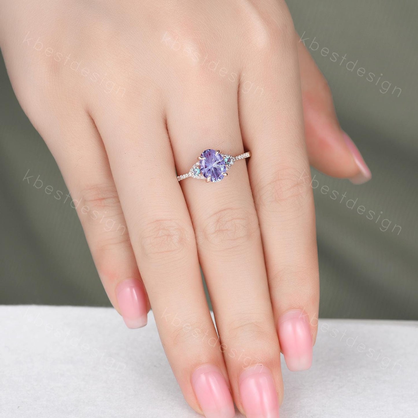 Firework cut alexandrite engagement ring rose gold art deco three stone ring oval cut bridal ring unique alexandrite promise ring for her