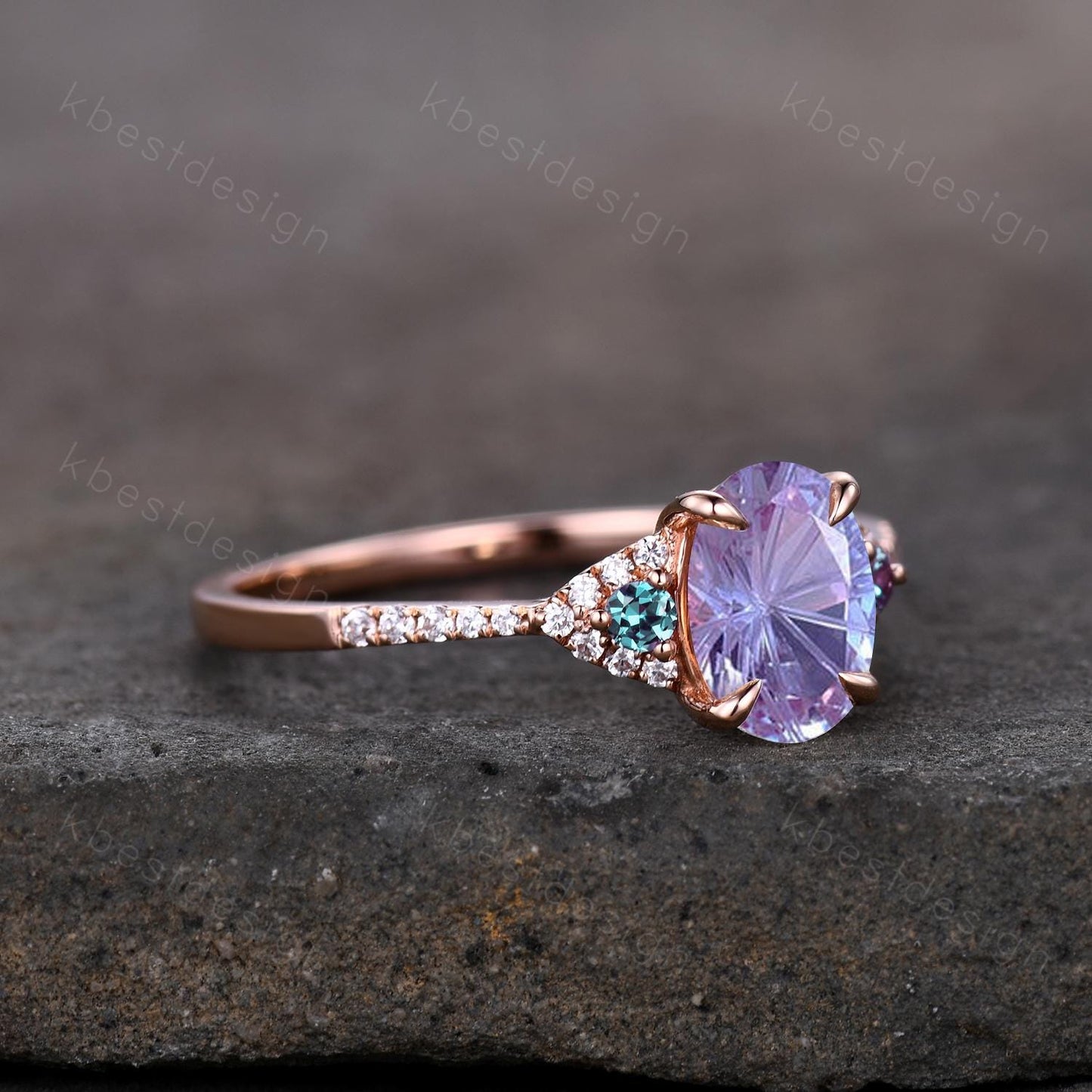 Firework cut alexandrite engagement ring rose gold art deco three stone ring oval cut bridal ring unique alexandrite promise ring for her