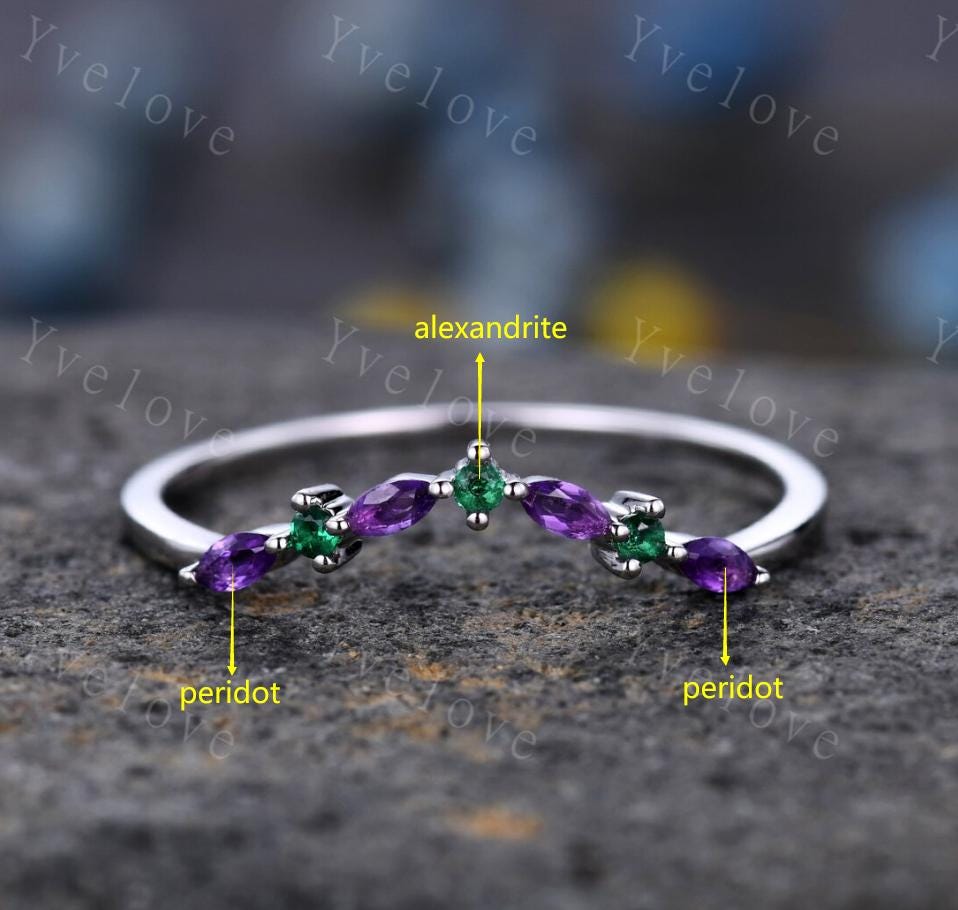 Custom order for Grace, marquise peridot and amethyst, round emerald and alexandrite, sterling silver.