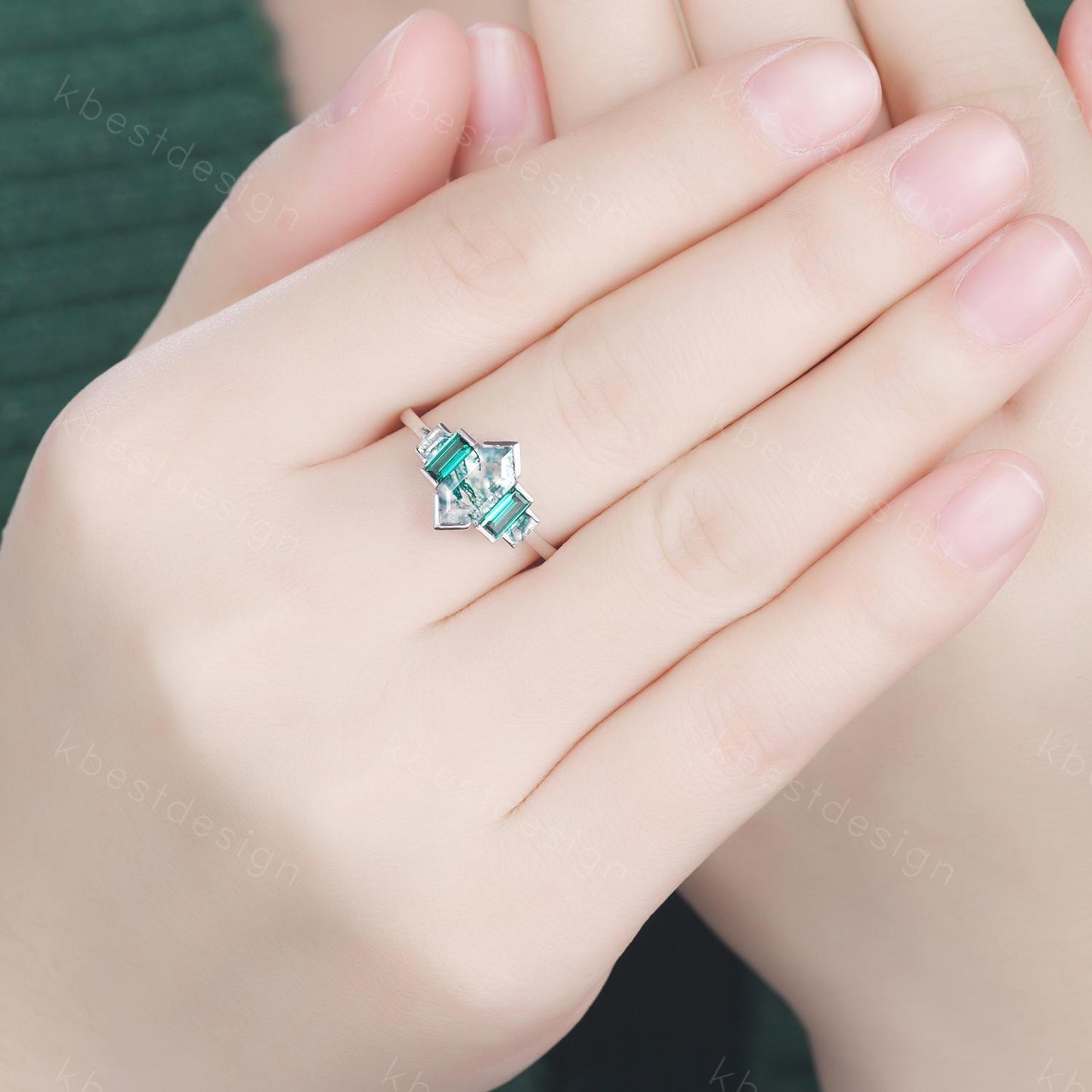Hexagon cut Moss Agate ring Unique Five stone engagement ring Baguette Emerald ring Bezel set ring Vintage Bridal wedding anniversary ring
